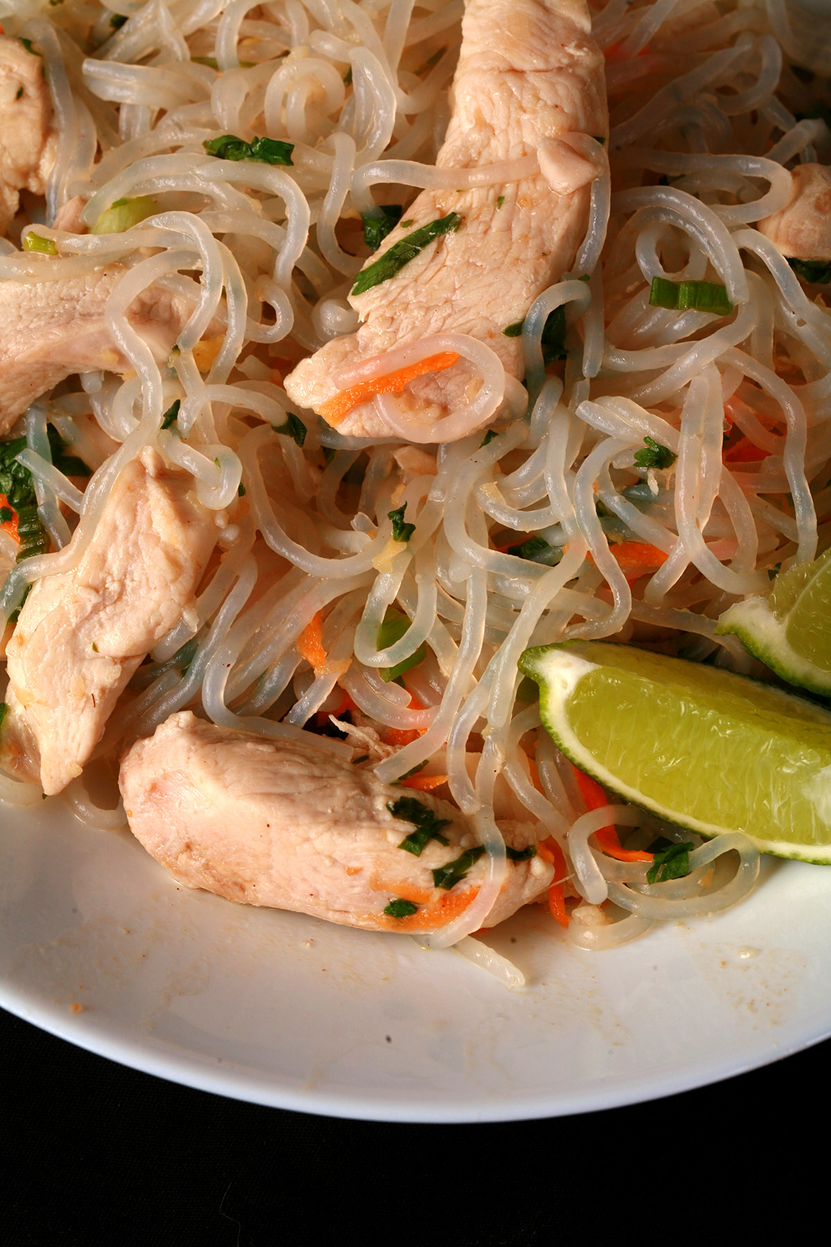 A plate of paleo chicken pad thai, made with shirataki noodles.