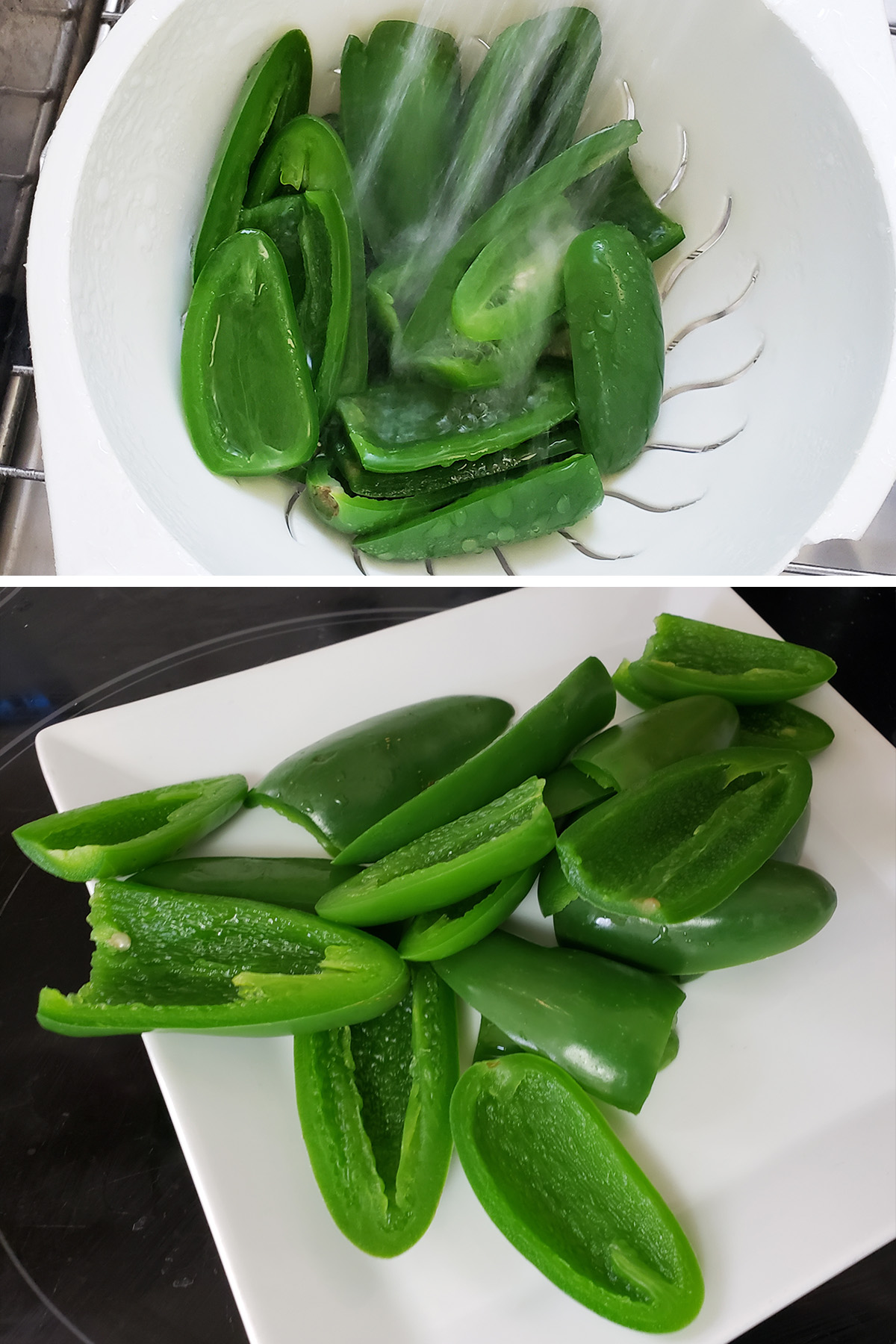 A two part compilation image showing halved jalapenos being rinsed off, and on a plate.