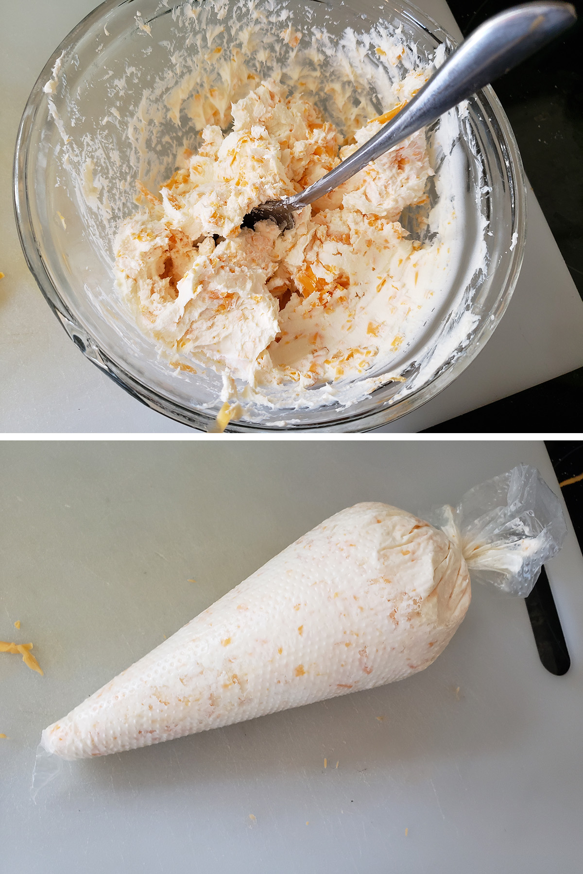 A two part image showing a bowl of cheddar cream cheese filling, and a pastry bag filled with it.