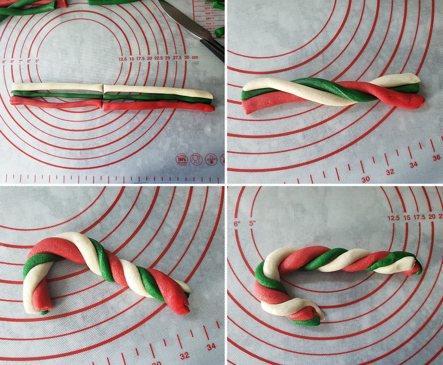 a 4 photo collage demonstrating the second rolling technique described.