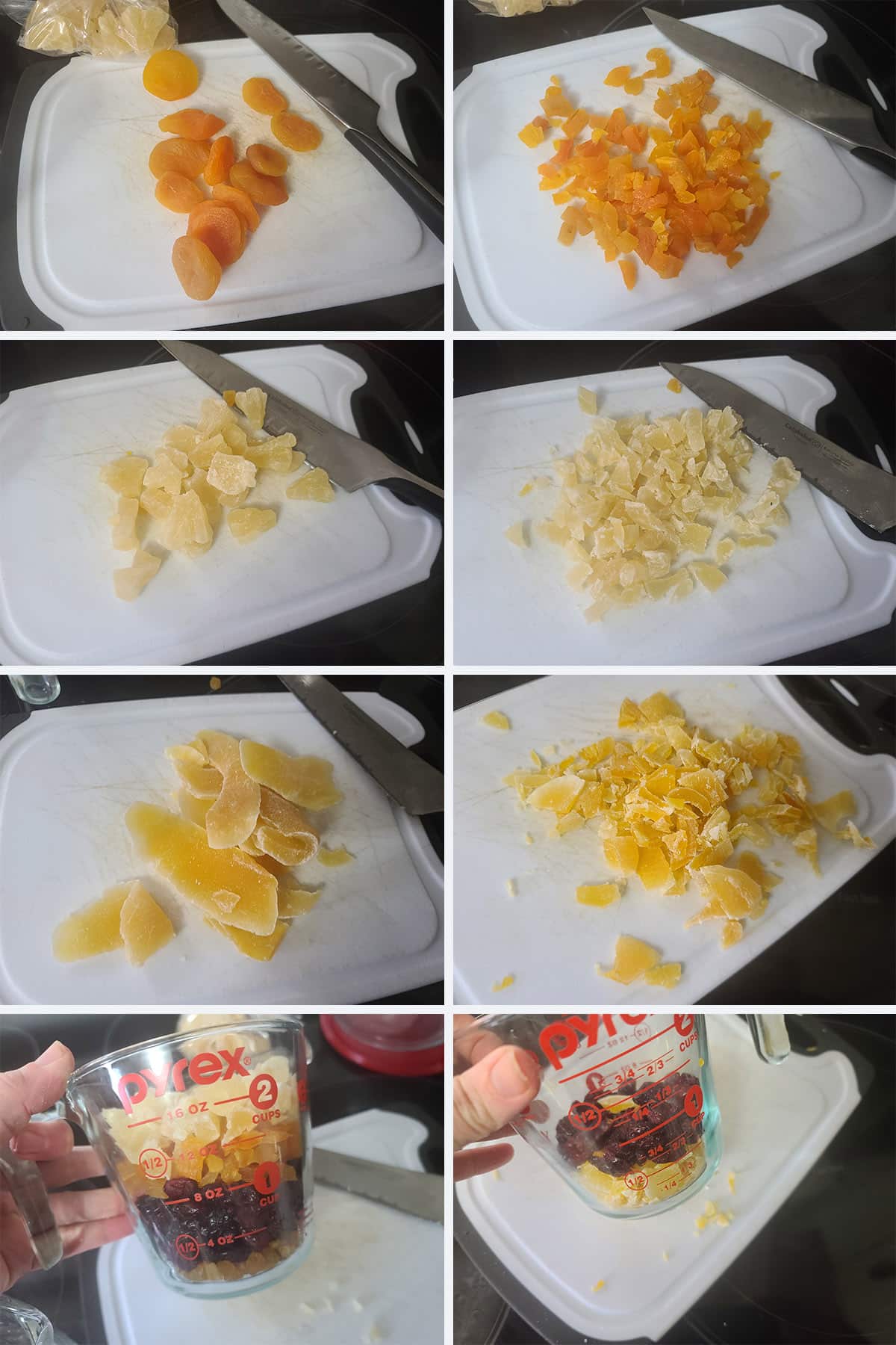 An 8 part image showing the dried fruits being chopped up and measured.