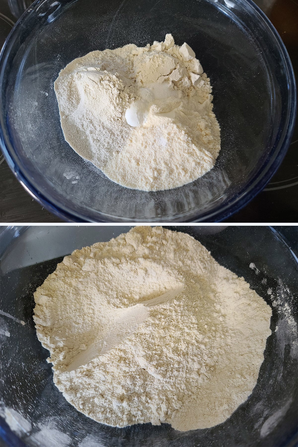 A 2 part image showing the dry ingredients being mixed together.