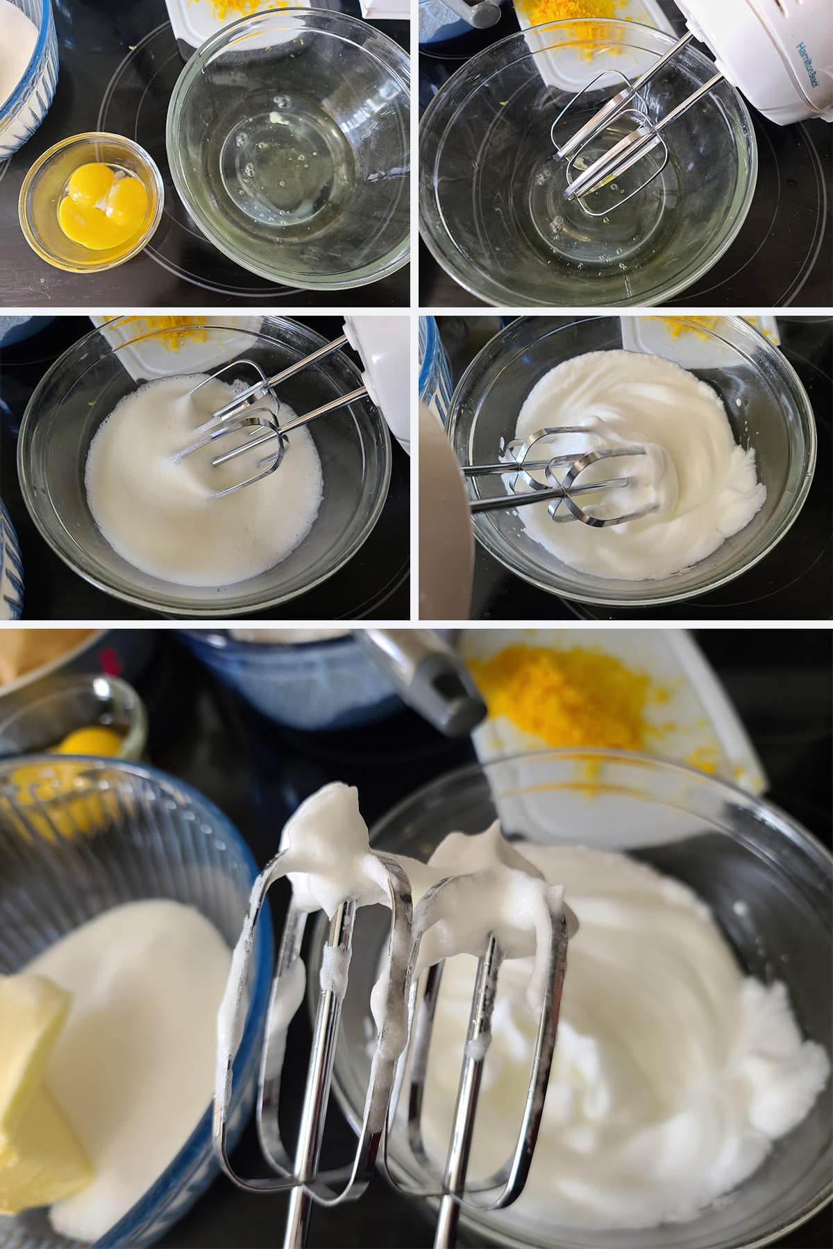 A 5 part image showing the egg whites being whisked to stiff peaks.
