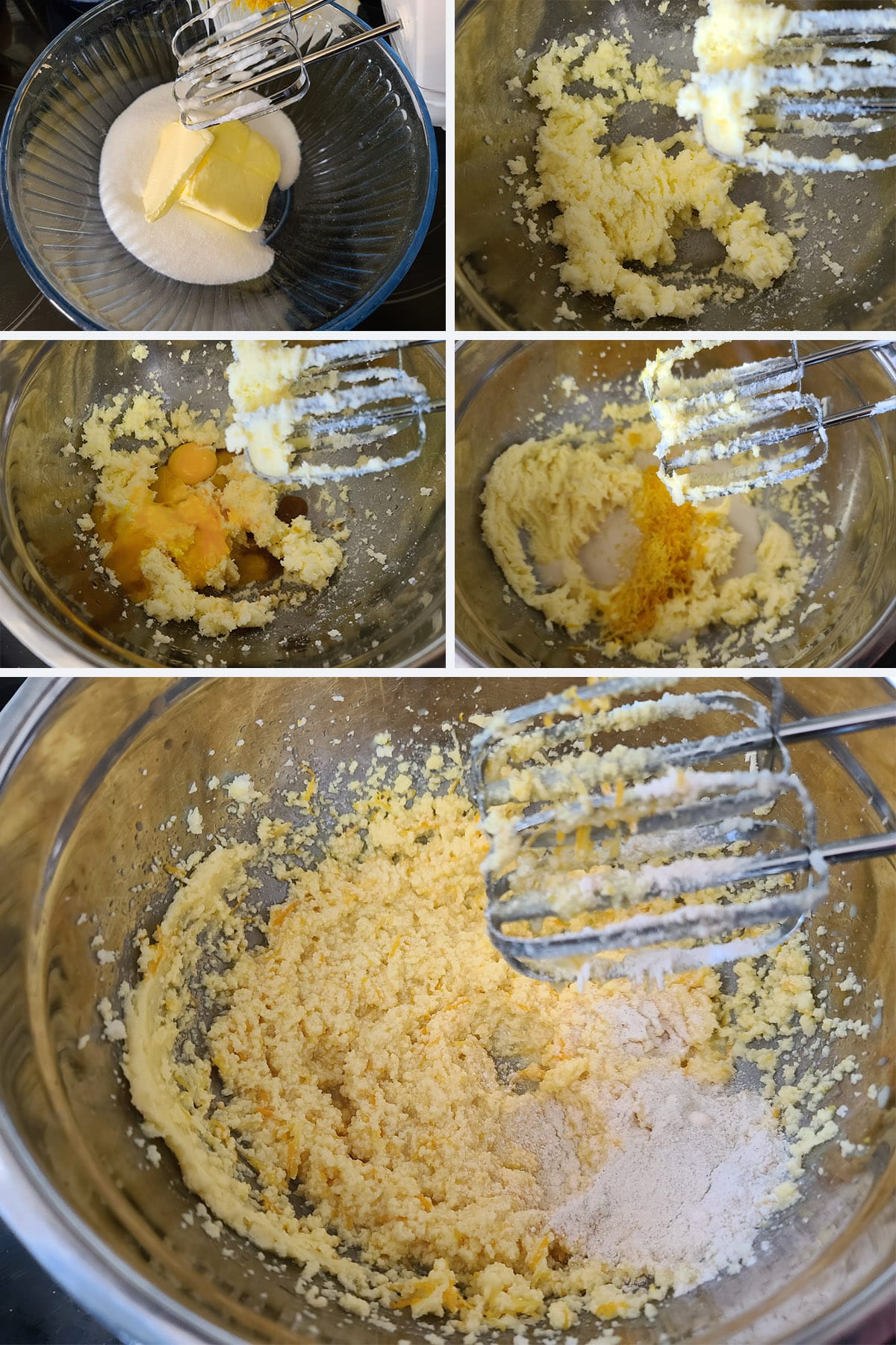A 5 part image showing the butter and sugar being creamed, then the wet ingredients mixed in.