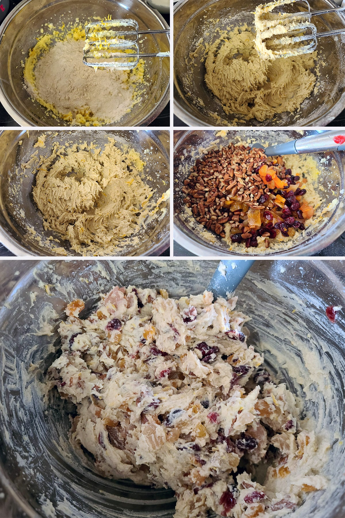 A 5 part image showing the dry ingredients, fruit, and nuts being stirred into the gluten free fruit batter.