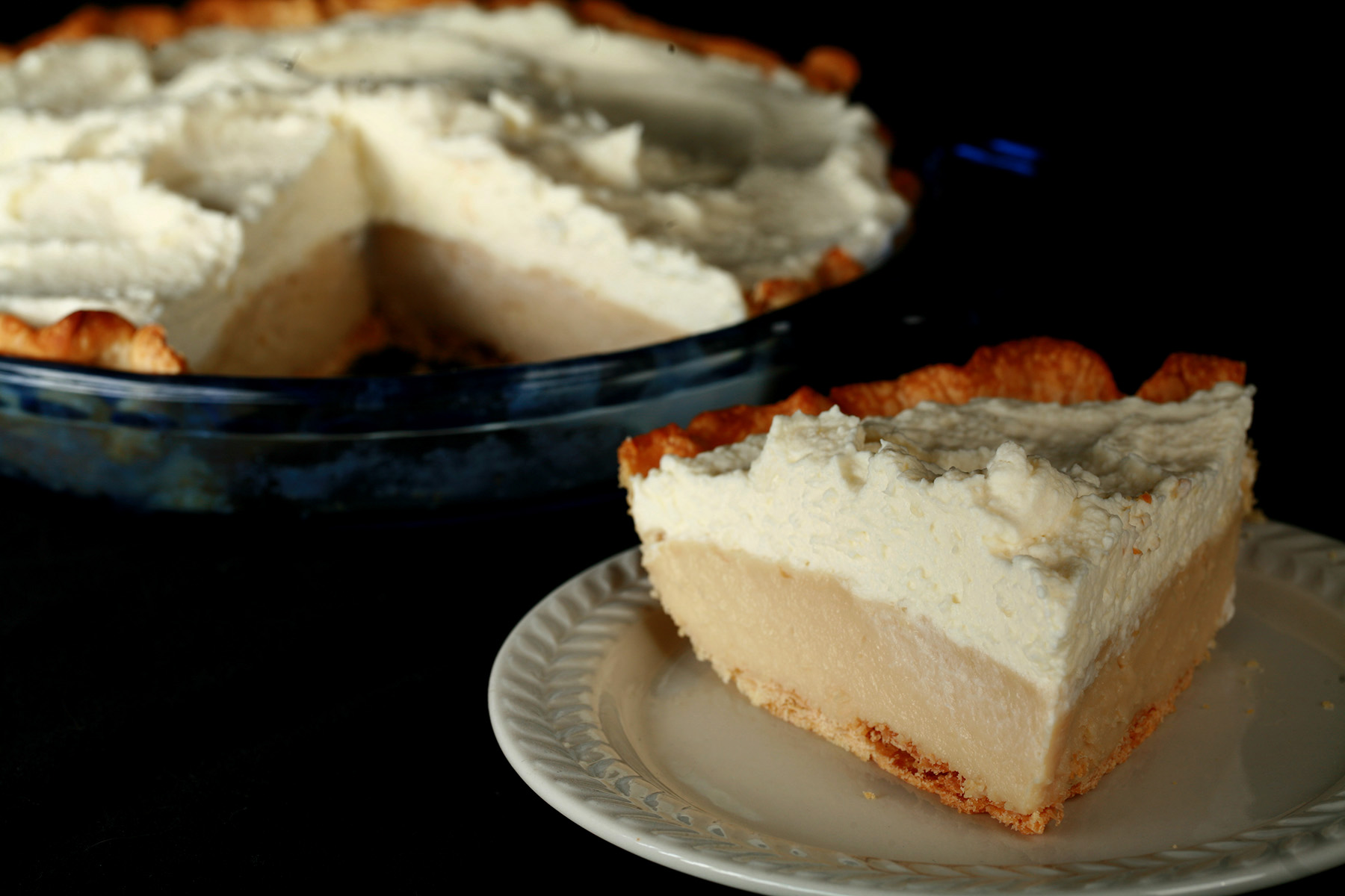 A Gluten-Free Earl Grey Cream Pie - A greige custard pie, topped with whipped cream.