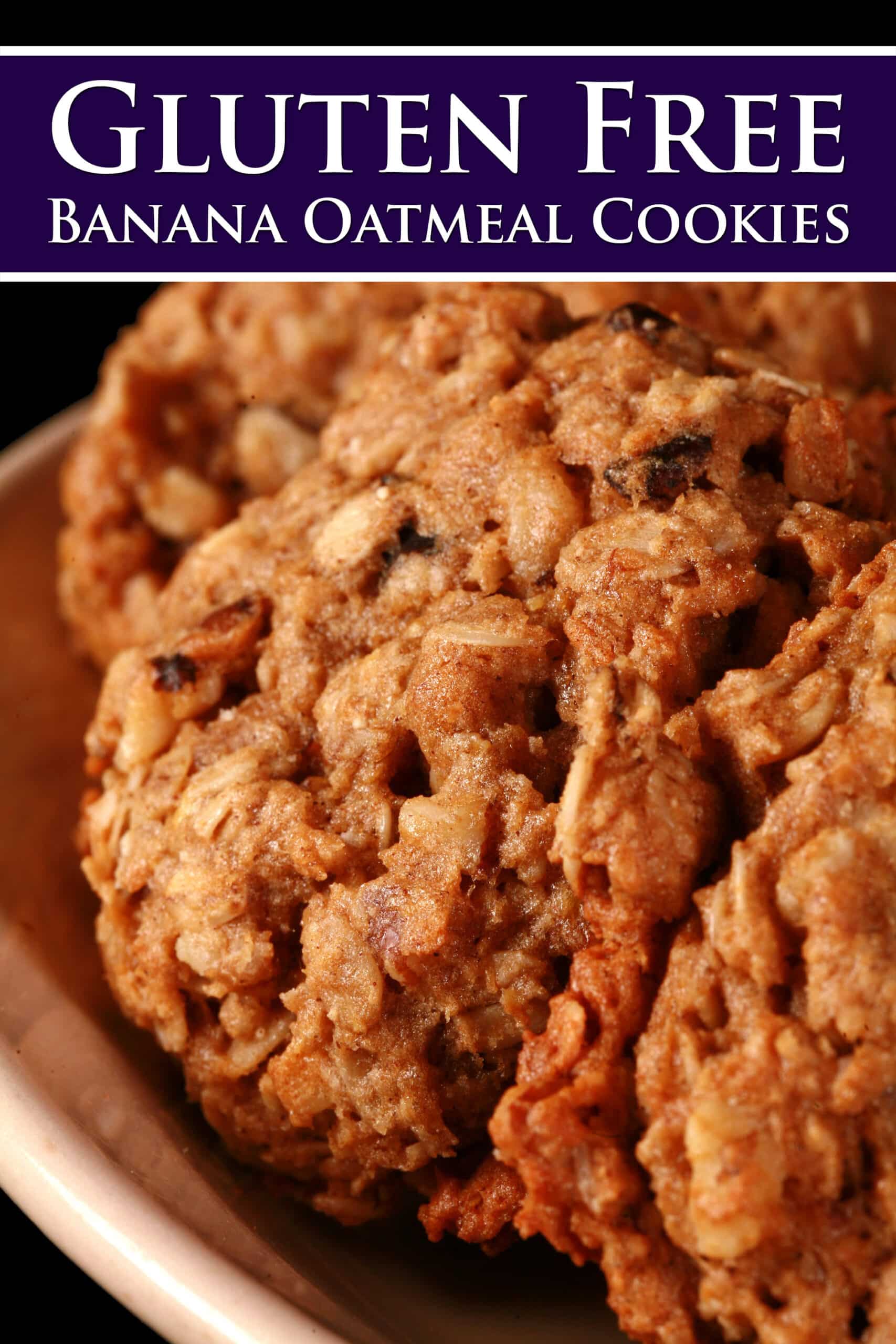 A plate of gluten free oatmeal banana cookies.  Overlaid text says gluten-free banana oatmeal cookies.