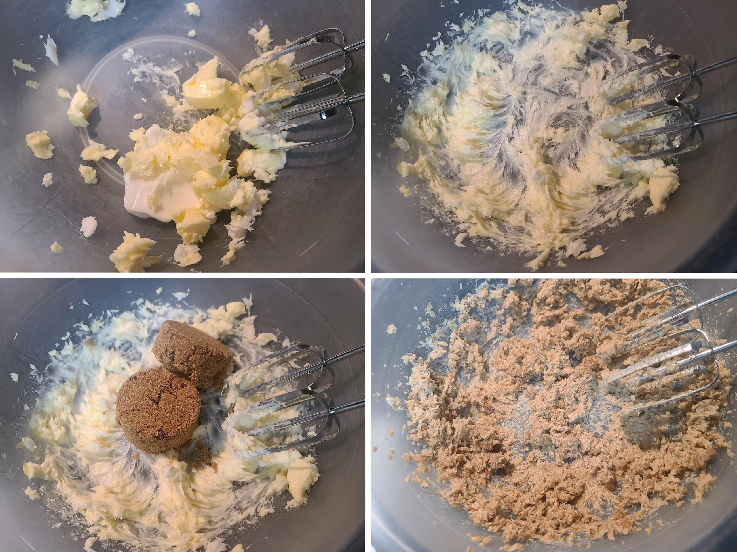 4 part image showing the butter and lard being creamed, then the sugars being beaten into the mixture.