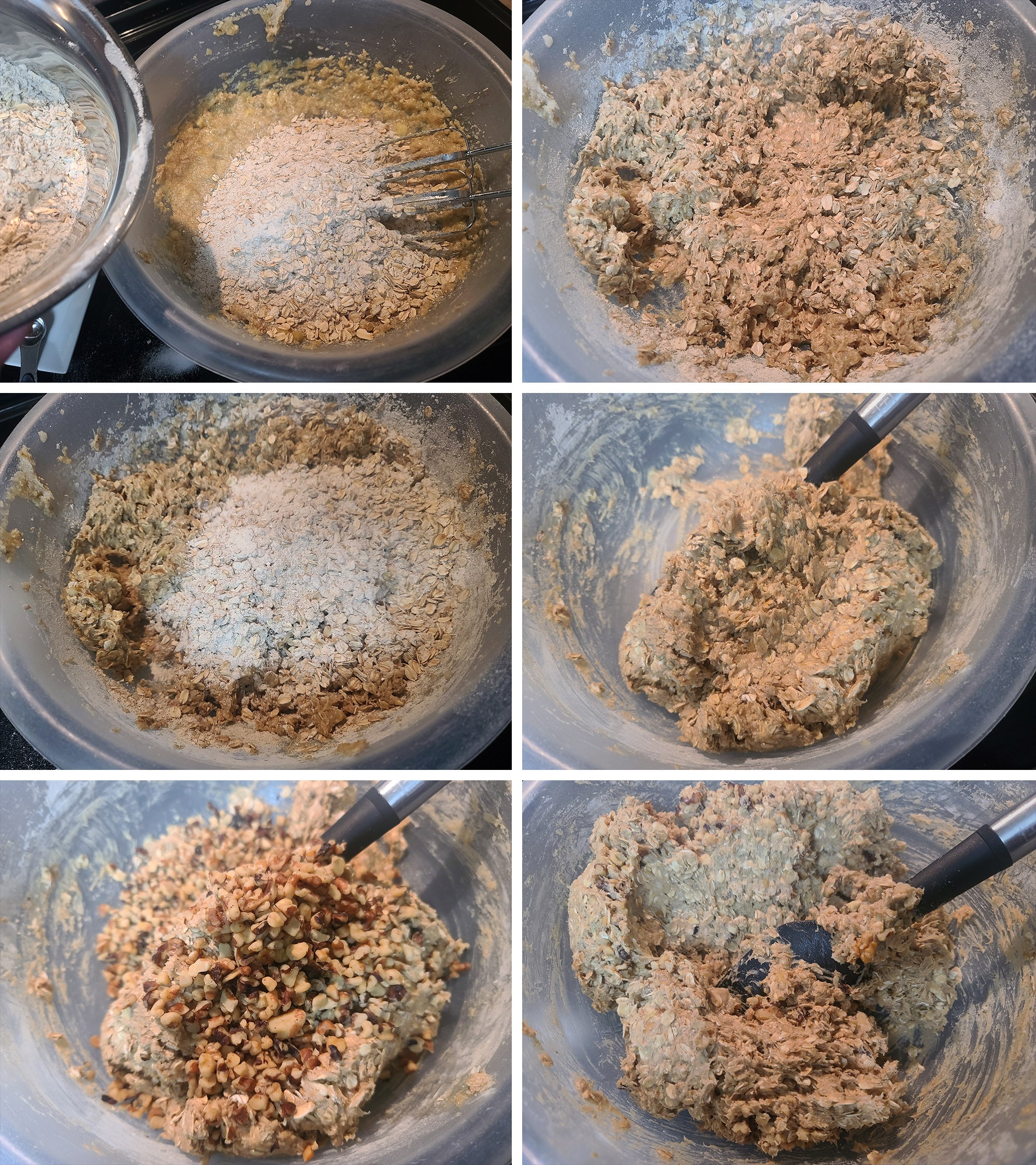 6 part image showing the dry ingredients being added to the wet ingredients in batches, then walnuts being mixed in.