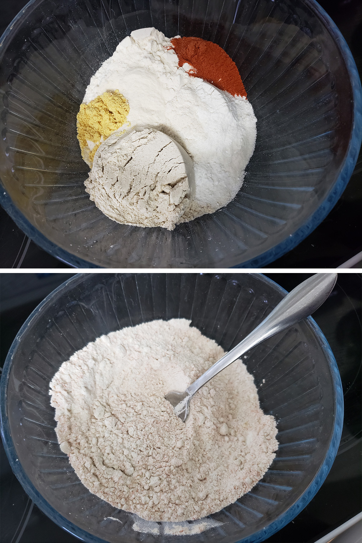 A two part compilation image showing dry ingredients measured into a bowl, and mixed.