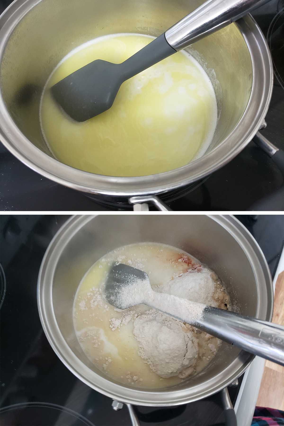 A two part compilation image showing the wet ingredients being cooked in a small pot, and that pot with the flour mixture added in.