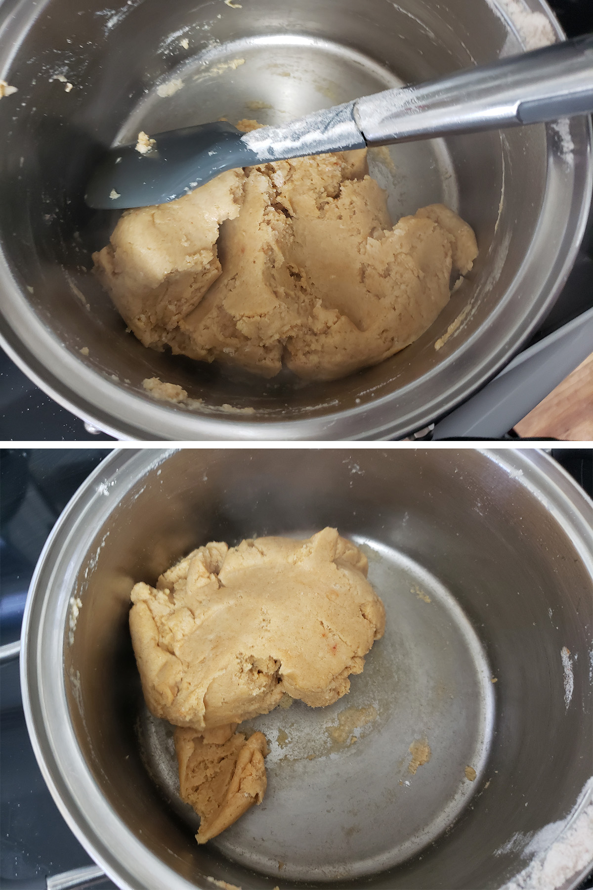 A two part compilation image showing the dough being stirred in the pot.