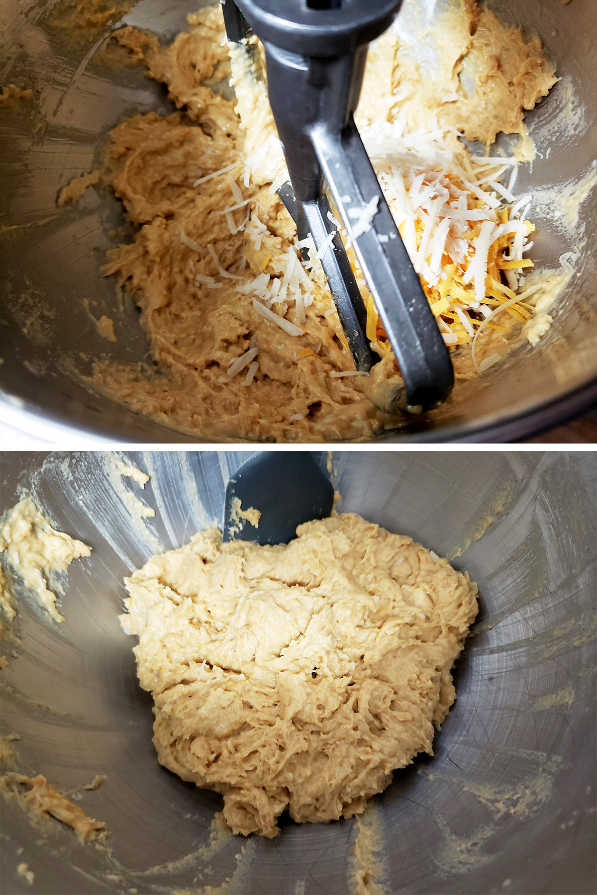 A two part compilation image showing cheese being added to the dough and mixed in.