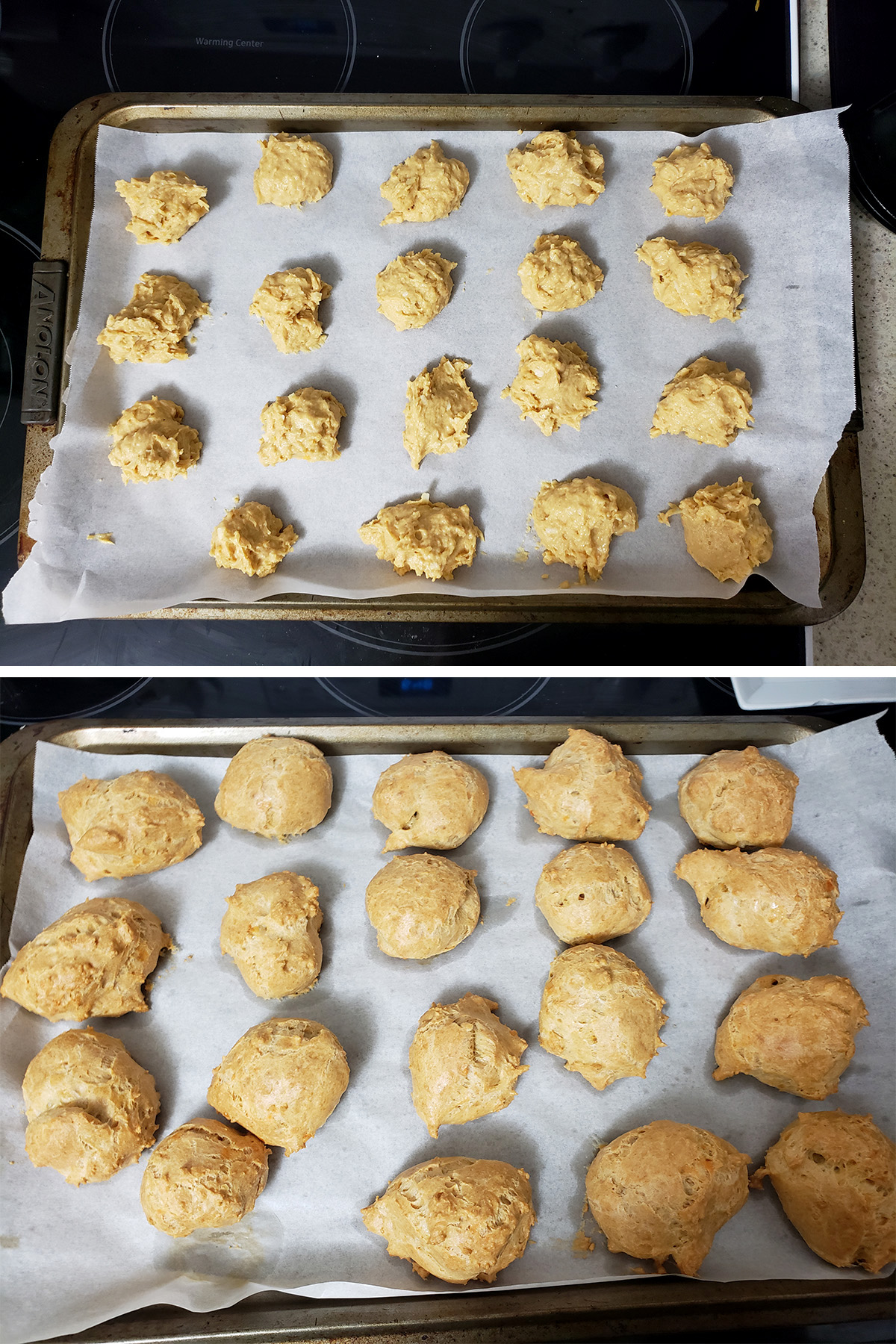 A two part compilation image showing the dough spooned out on a prepared pan, and the finished cheese puffs, fresh from the oven.