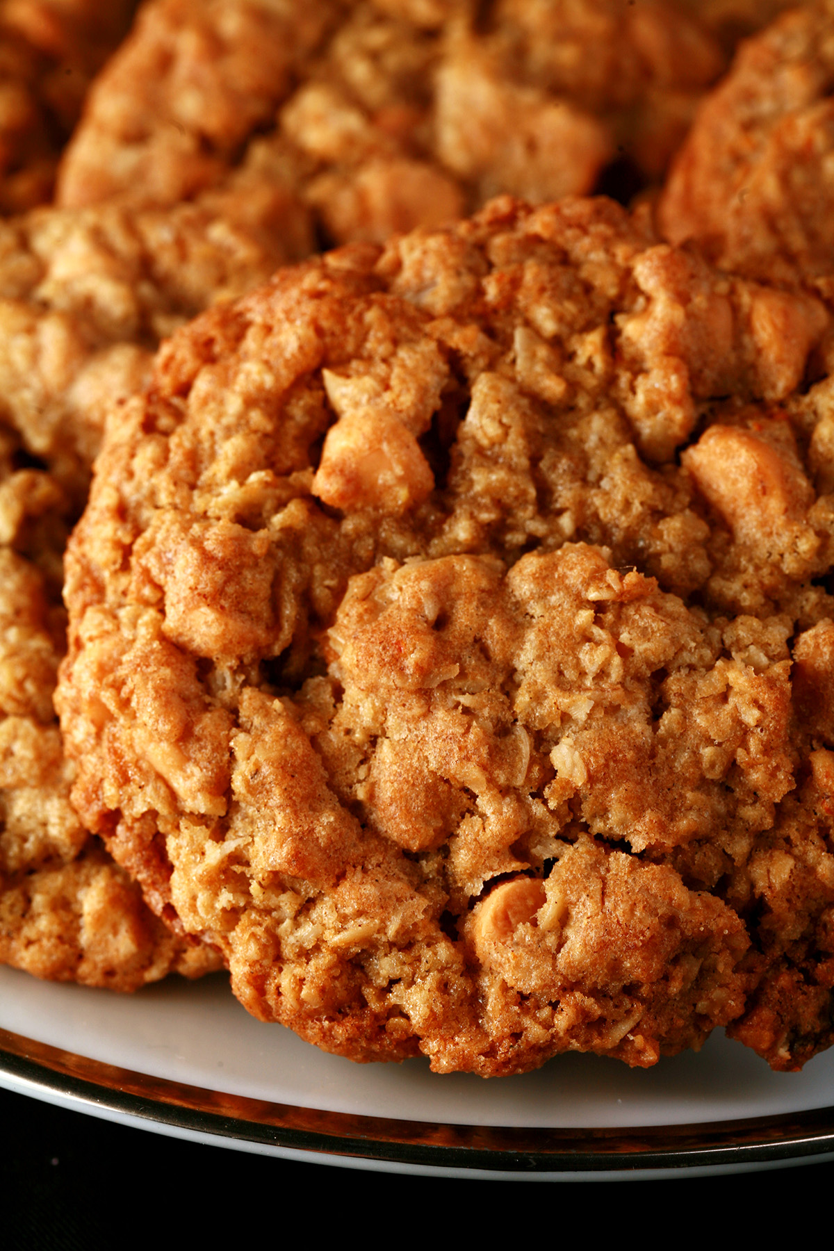 Close up photo of a plate of oatmeal cookies with visible butterscotch chips