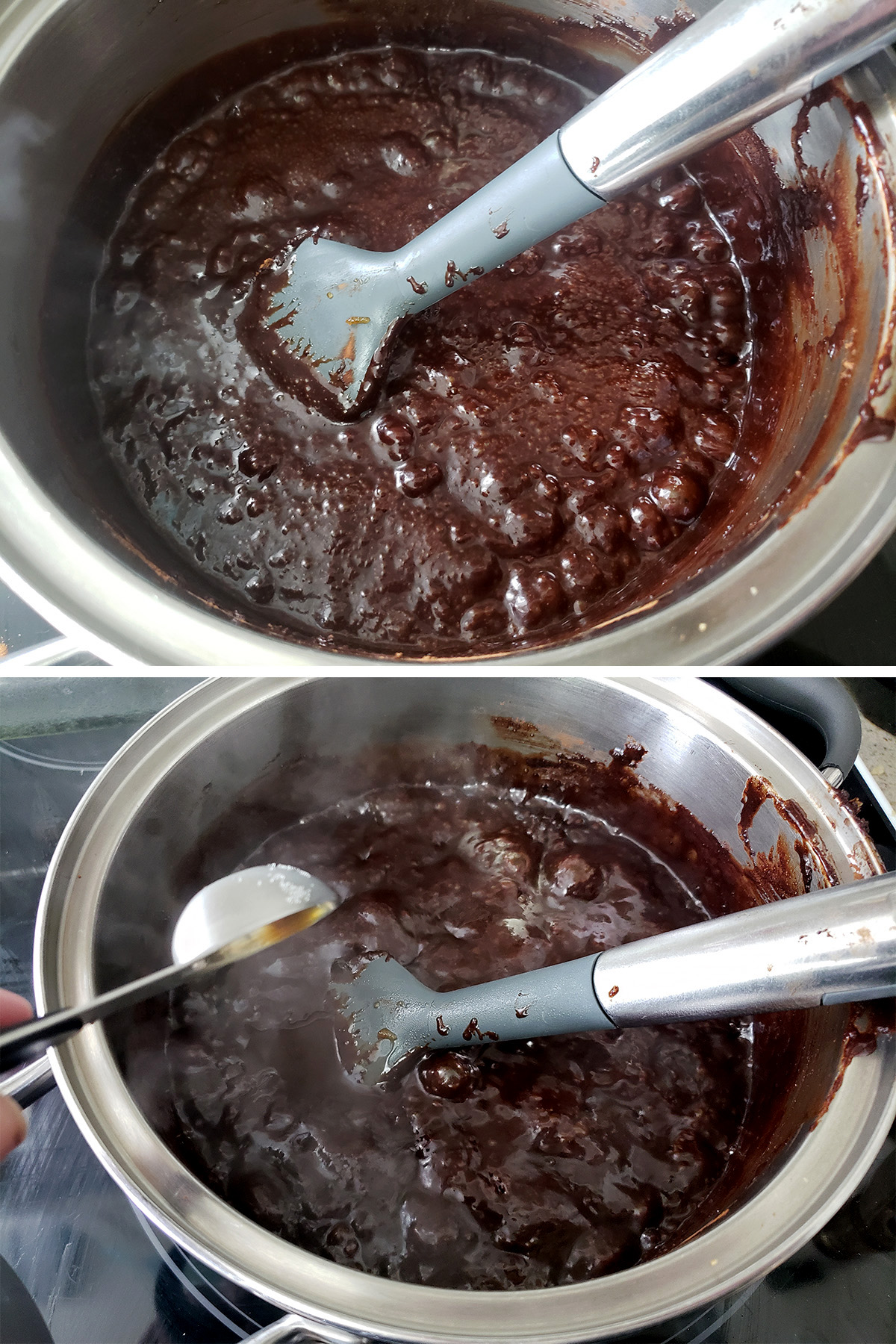 A two part image showing the chocolate caramel being cooked, and the vanilla extract being added