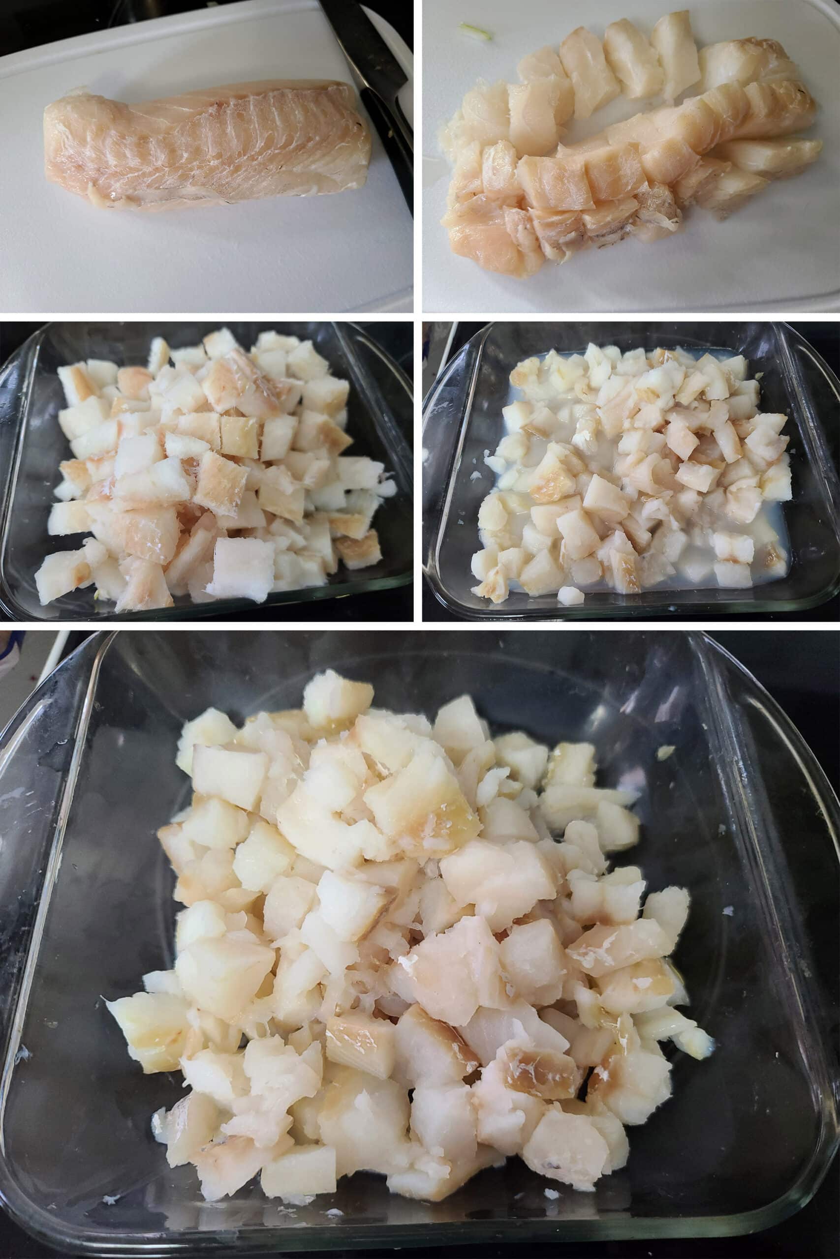 A 5 part image showing cod being chopped and put in a pan to defrost before being drained.