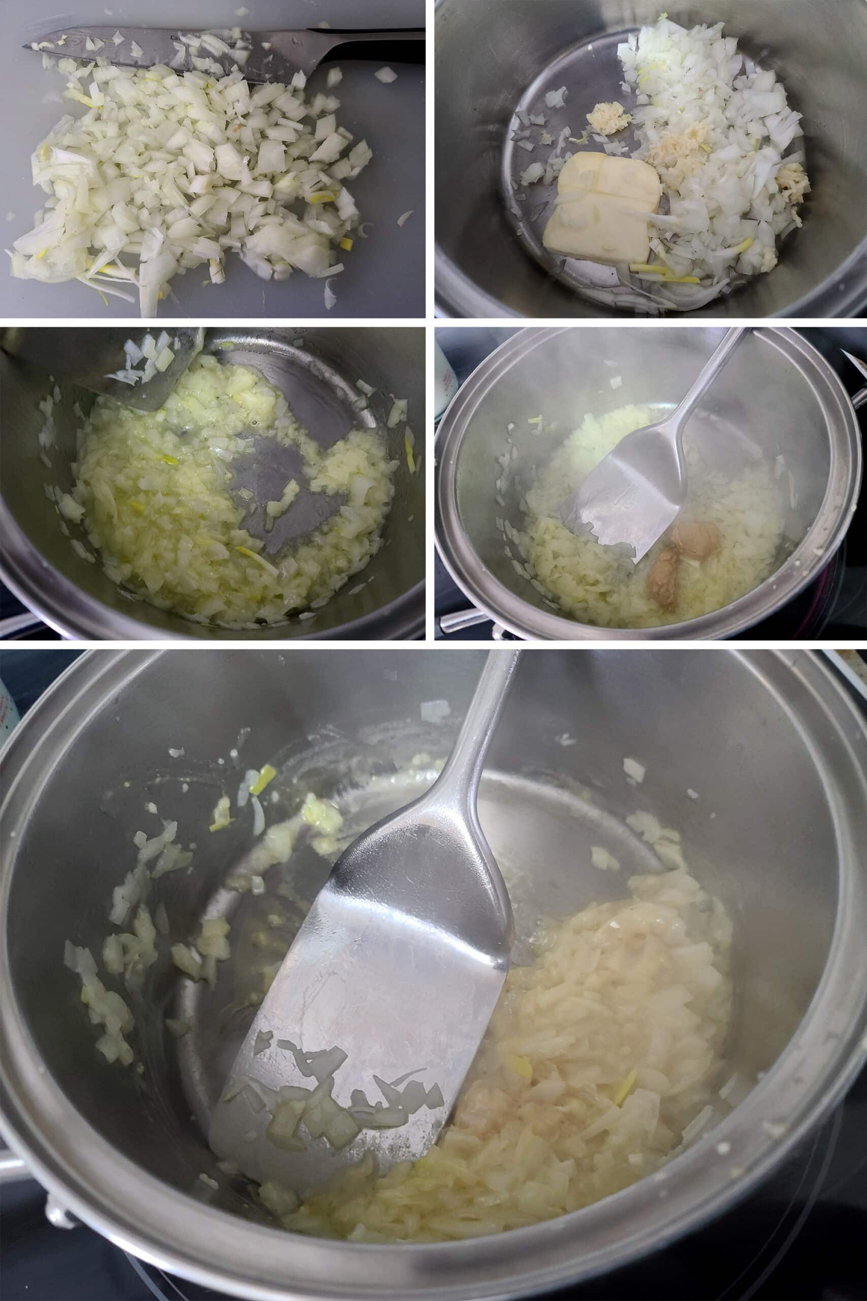 A 5 part image showing onions, garlic, butter, mustard, etc cooking.