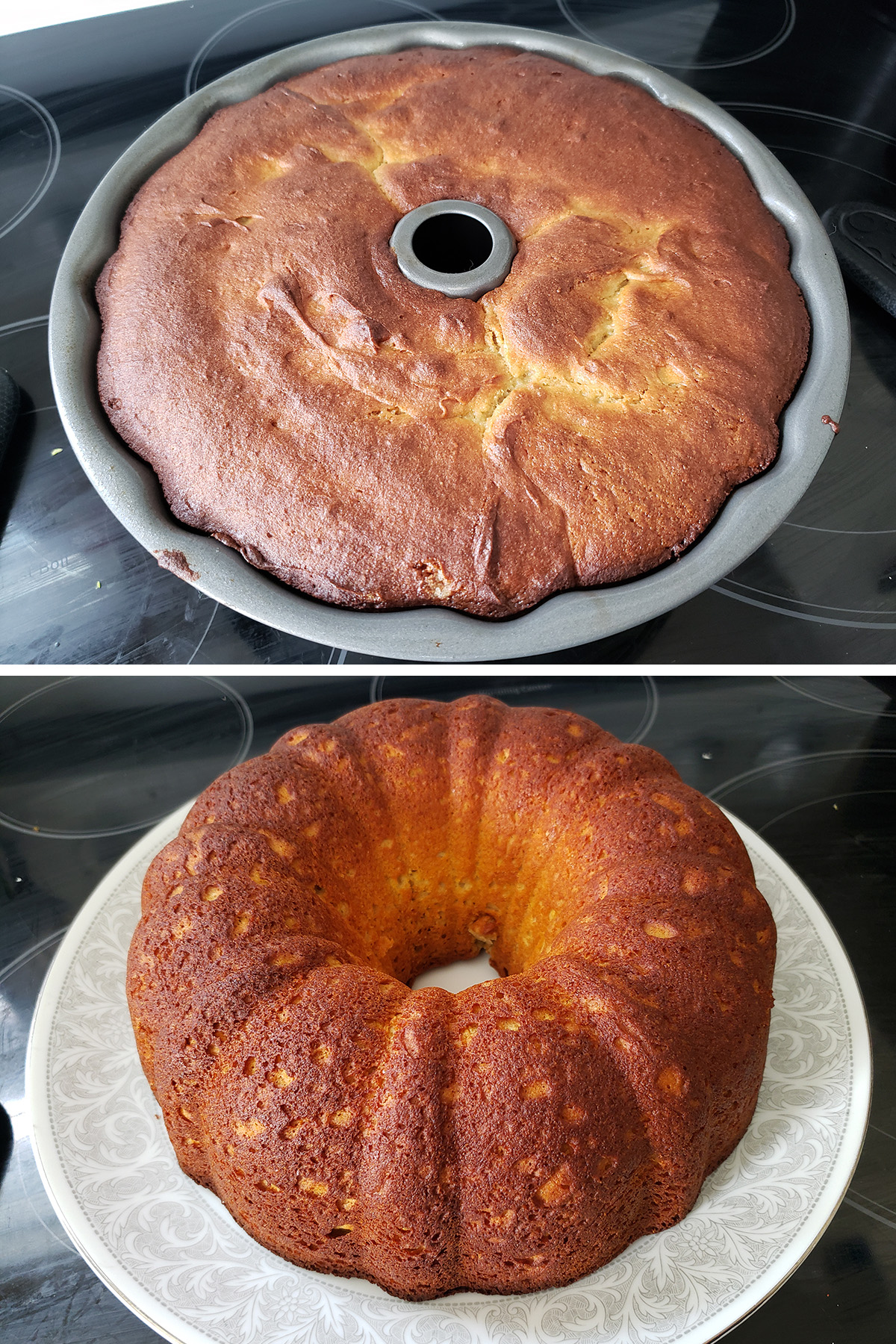 A two part compilation image showing the baked paska in the pan, and then after being turned out on the serving plate.