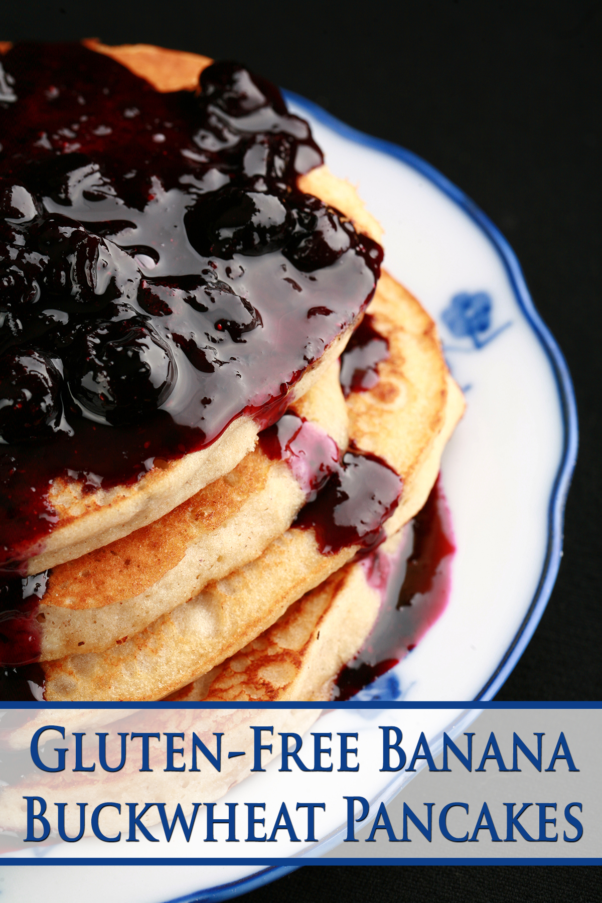 A stack of gluten-free banana buckwheat pancakes on a plate. It is topped with fresh blueberry sauce.