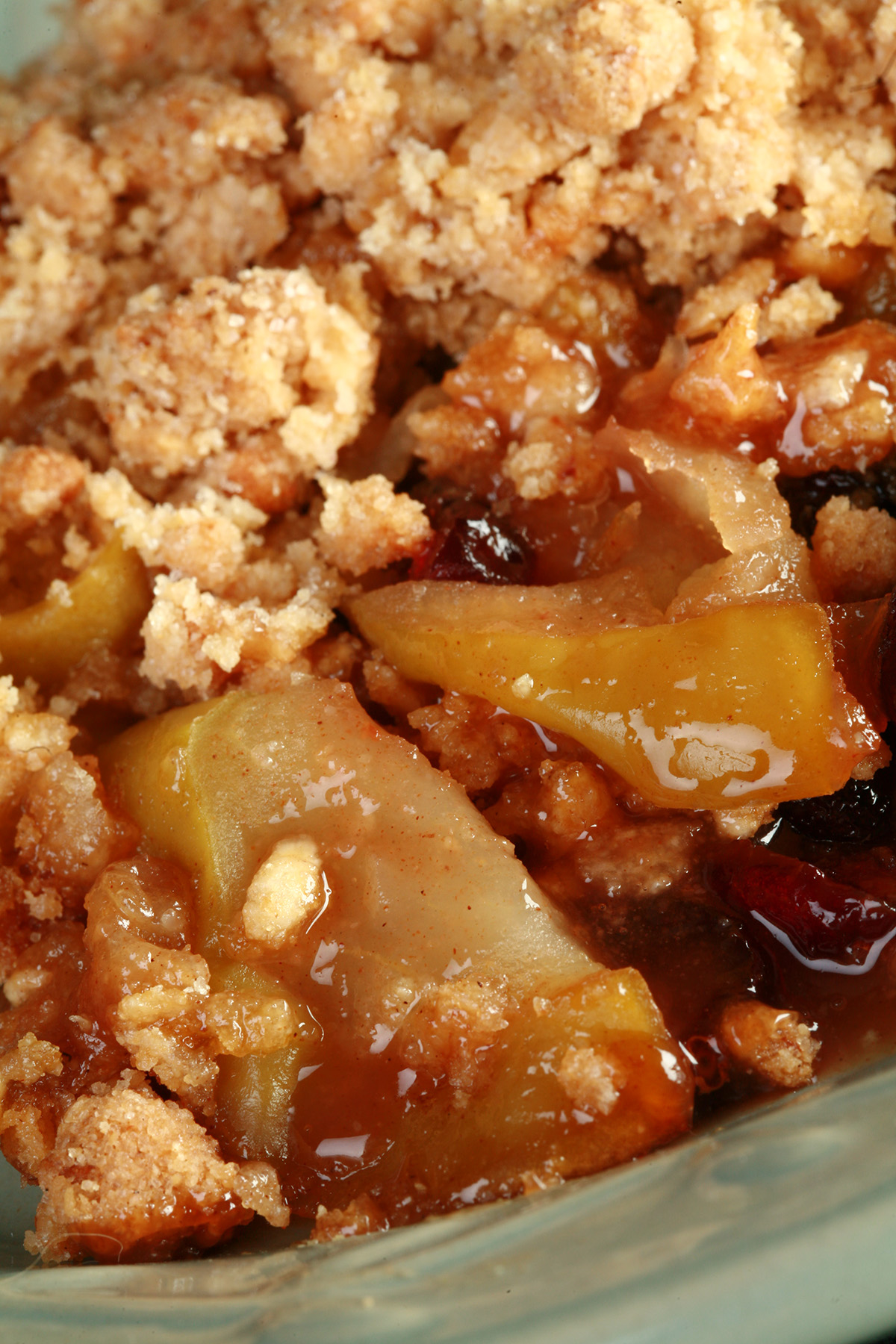 A plate with a generous serving of gluten-free Brandied Apple Crisp.