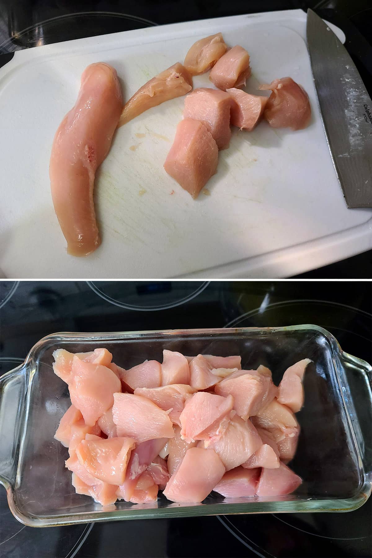 A 3 part image showing the chicken being cut into pieces.