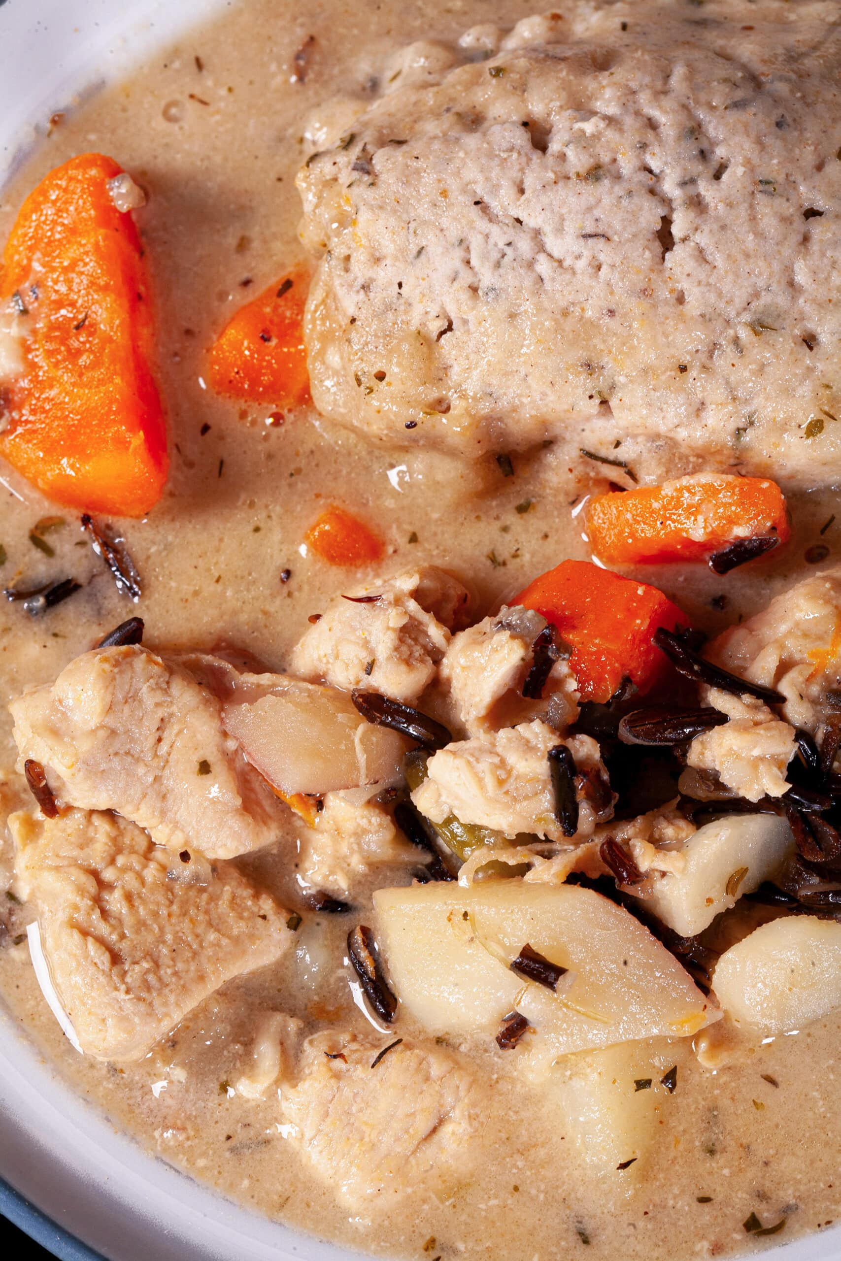 A bowl of gluten free chicken wild rice soup with gluten free dumplings.