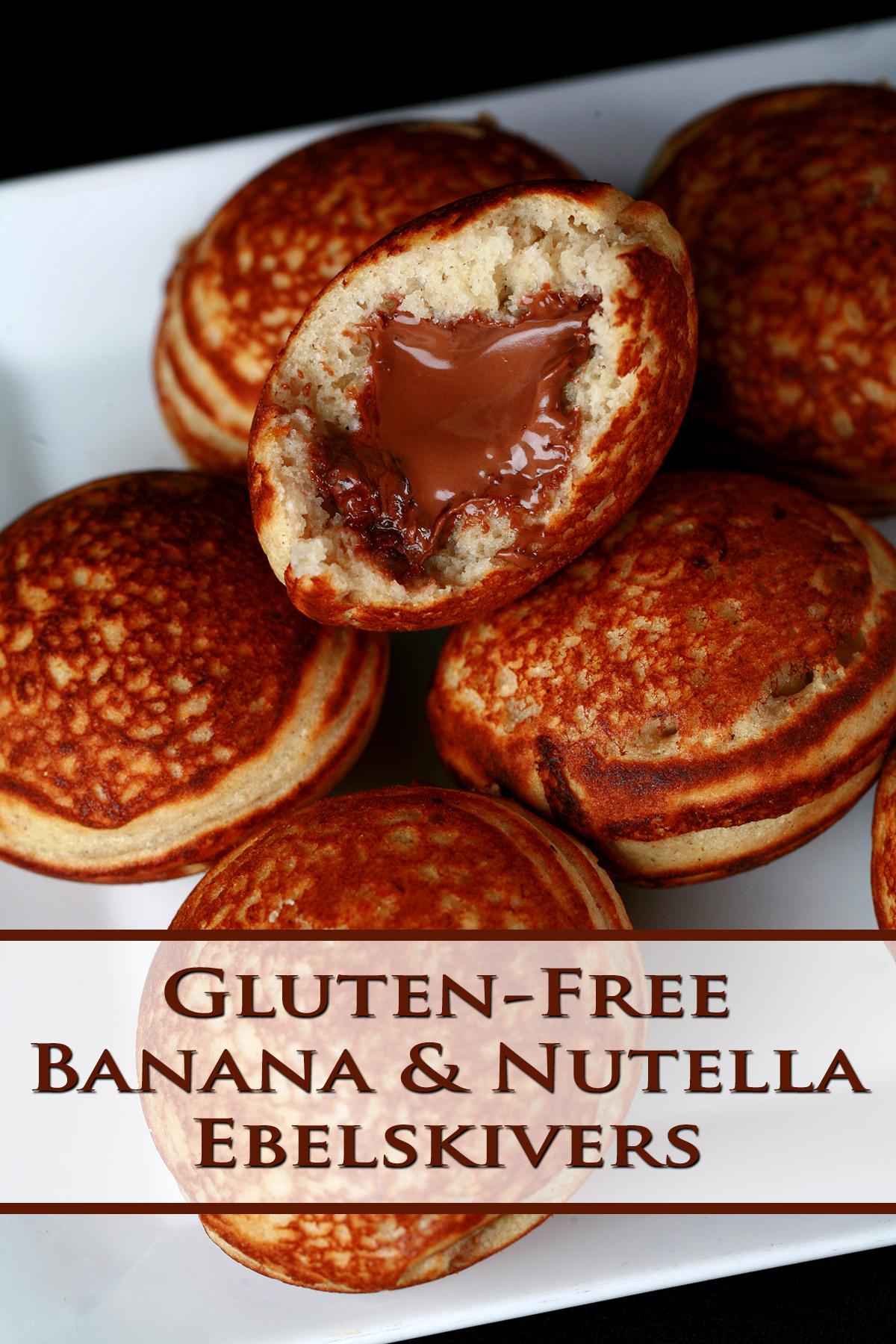 A plate of gluten-free banana nutella ebelskivers. Little bite sized stuffed pancakes.