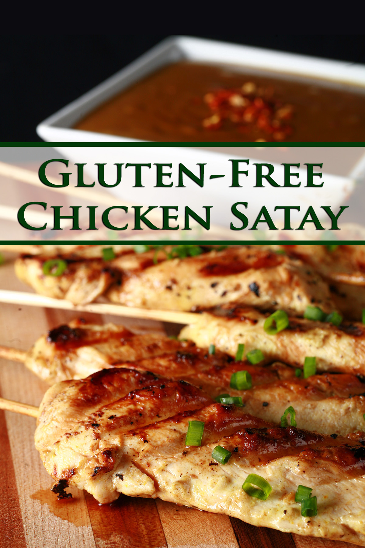 Several skewers of gluten-free chicken satay on a striped cutting board.  They are sprinkled with green onions and sitting next to a bowl of peanut sauce.