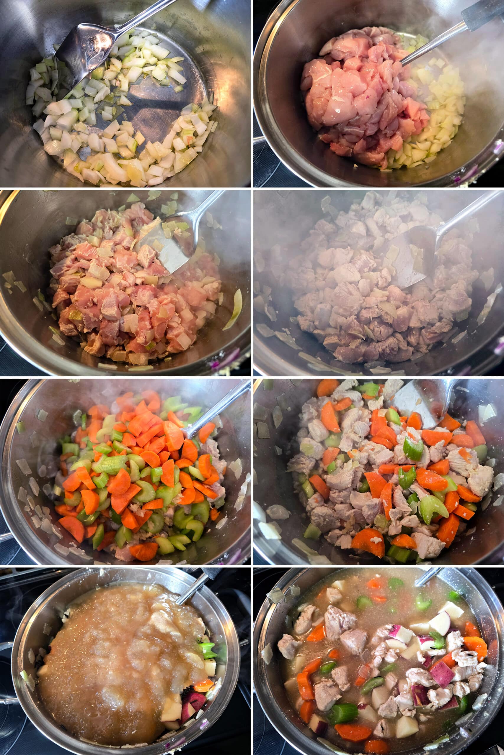 8 part image showing the onions cooking, the chicken being added and browned, the veggies added, and finally the stock, potatoes, and wild rice added and stirred in.