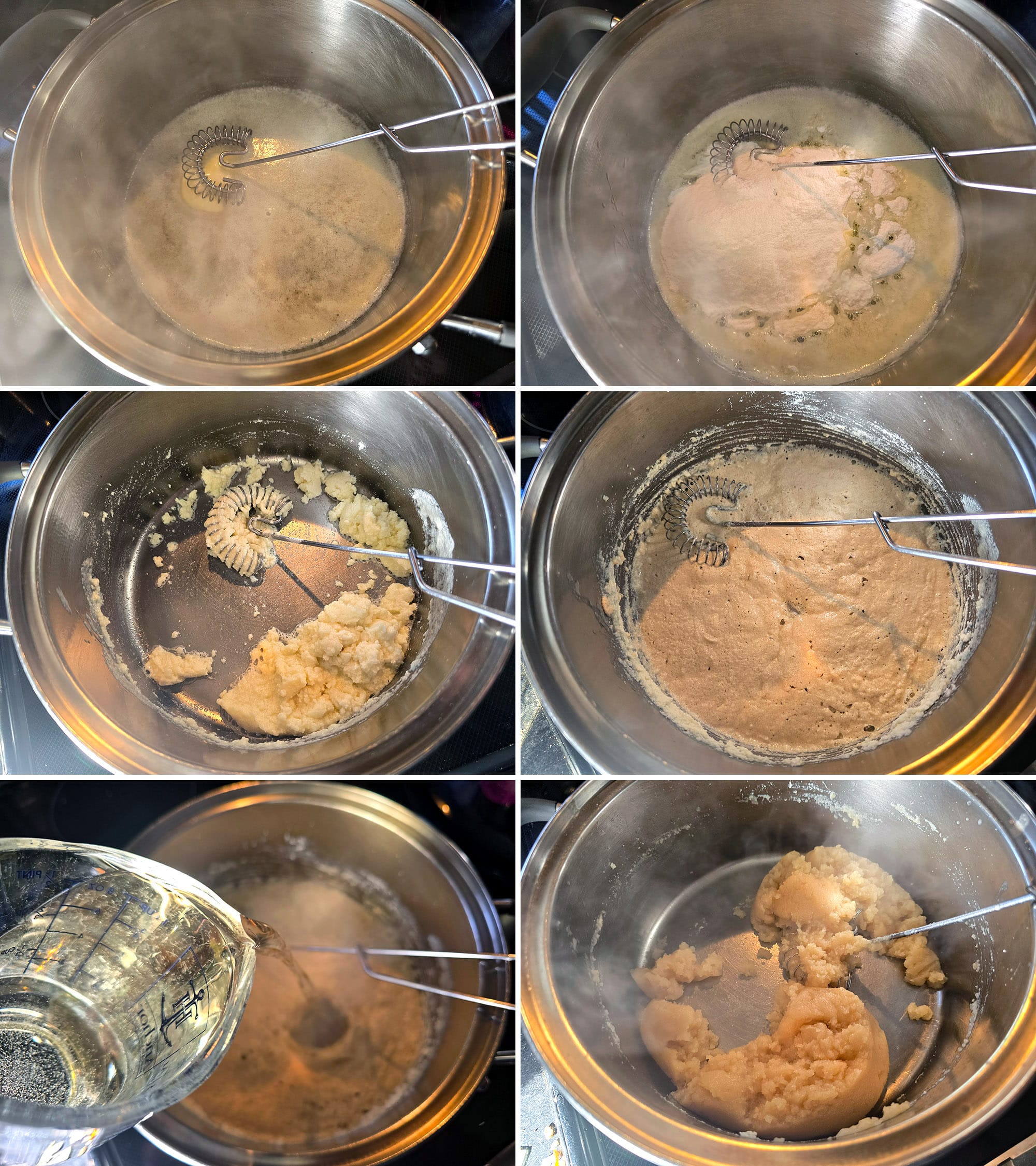 6 part image showing rice flour and butter cooking in a small pot, then the white wine added to form a thick paste.