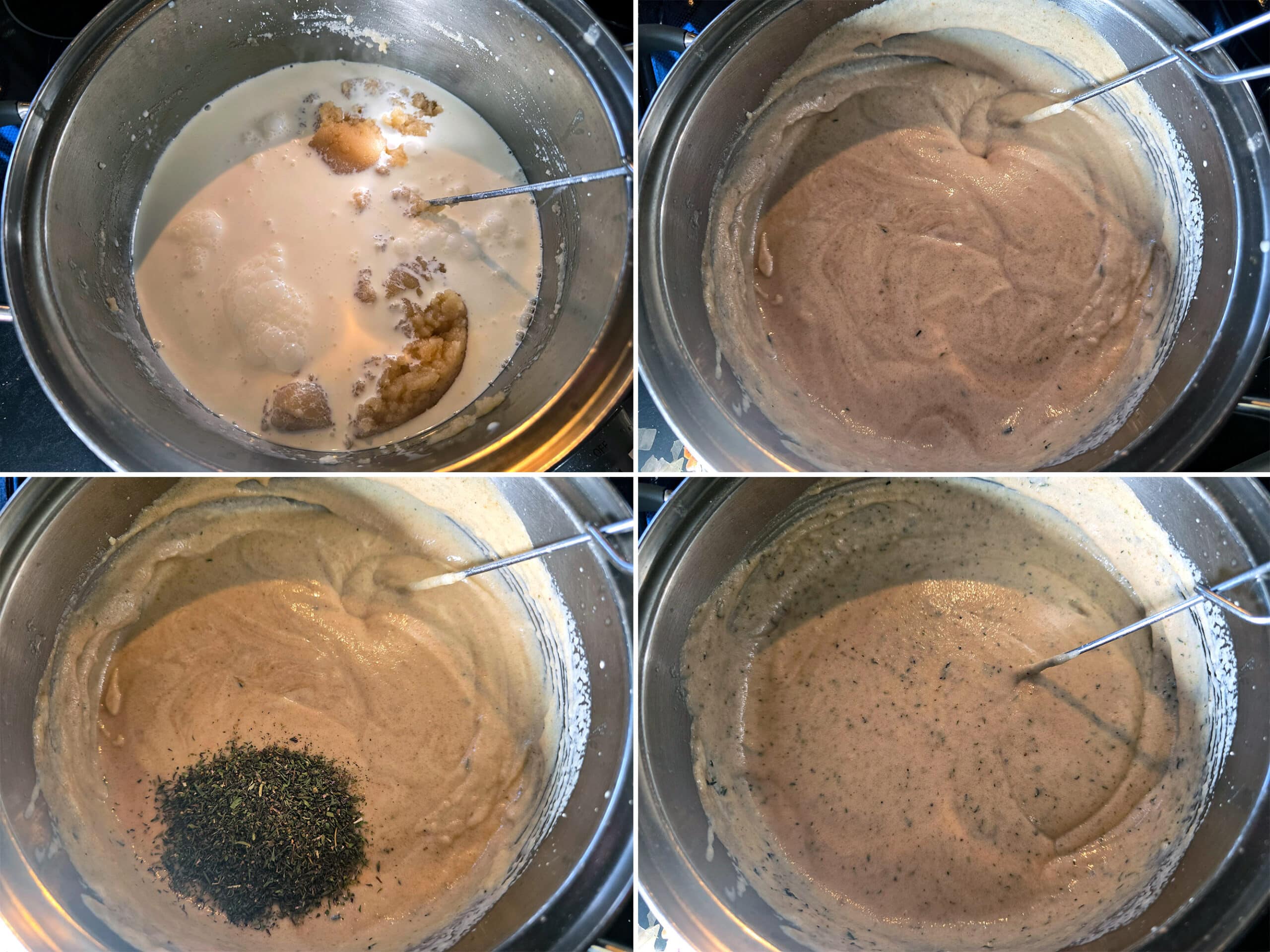 4 part image showing the cream and seasonings being stirred into the gluten free roux.