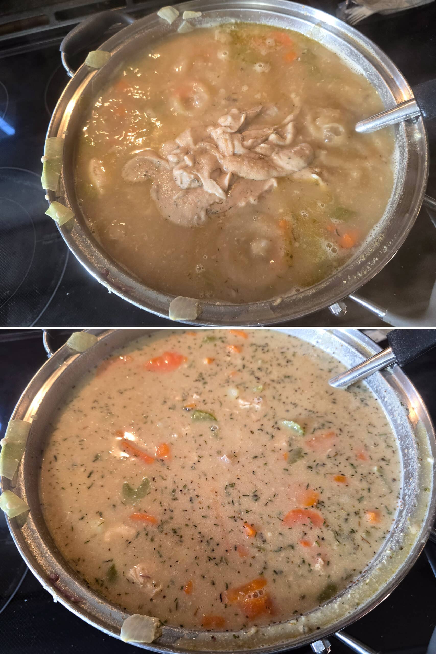2 part image showing the gluten free roux being stirred into the chicken wild rice soup.