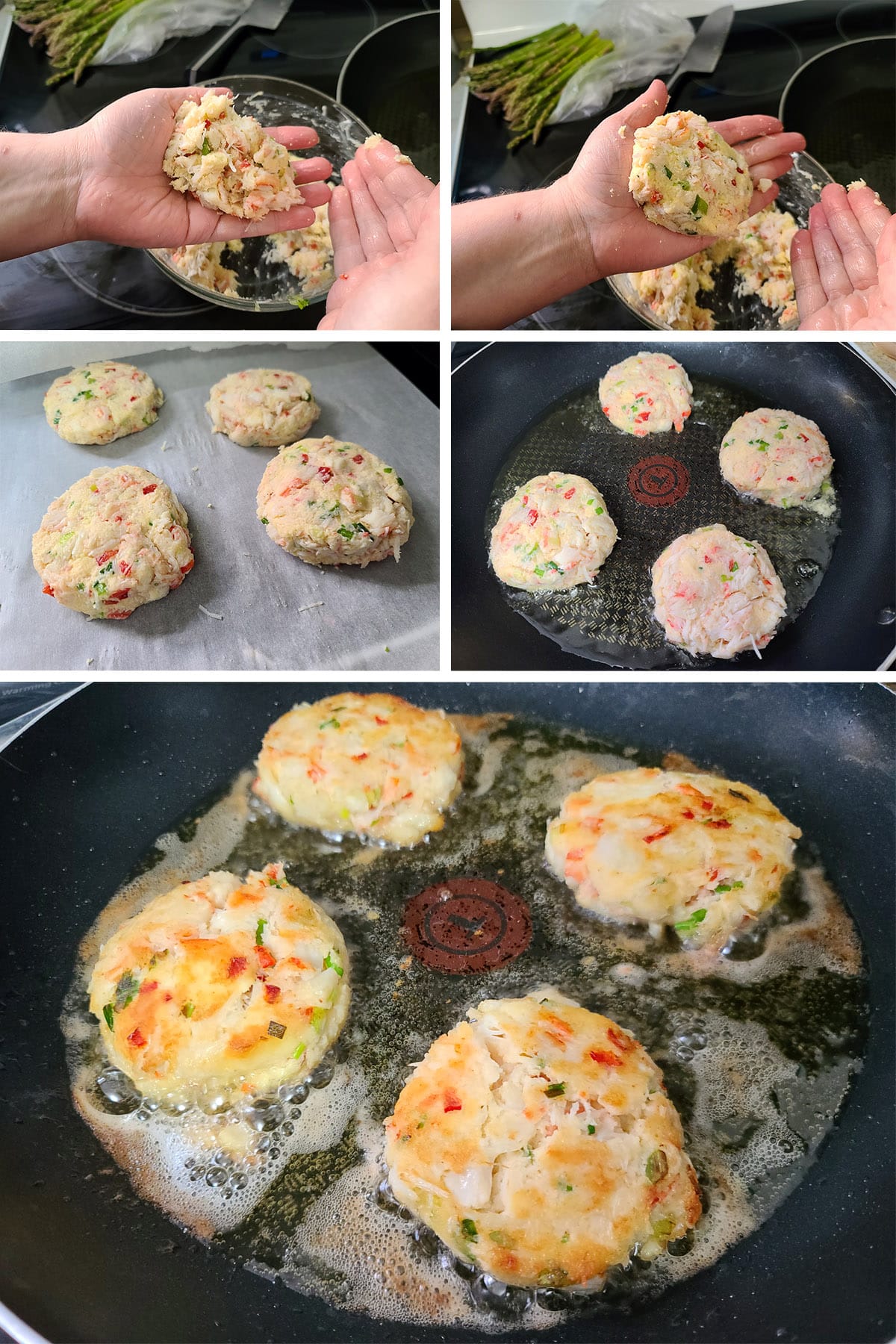 A 5 part image showing the gluten free crab cakes being formed and fried.