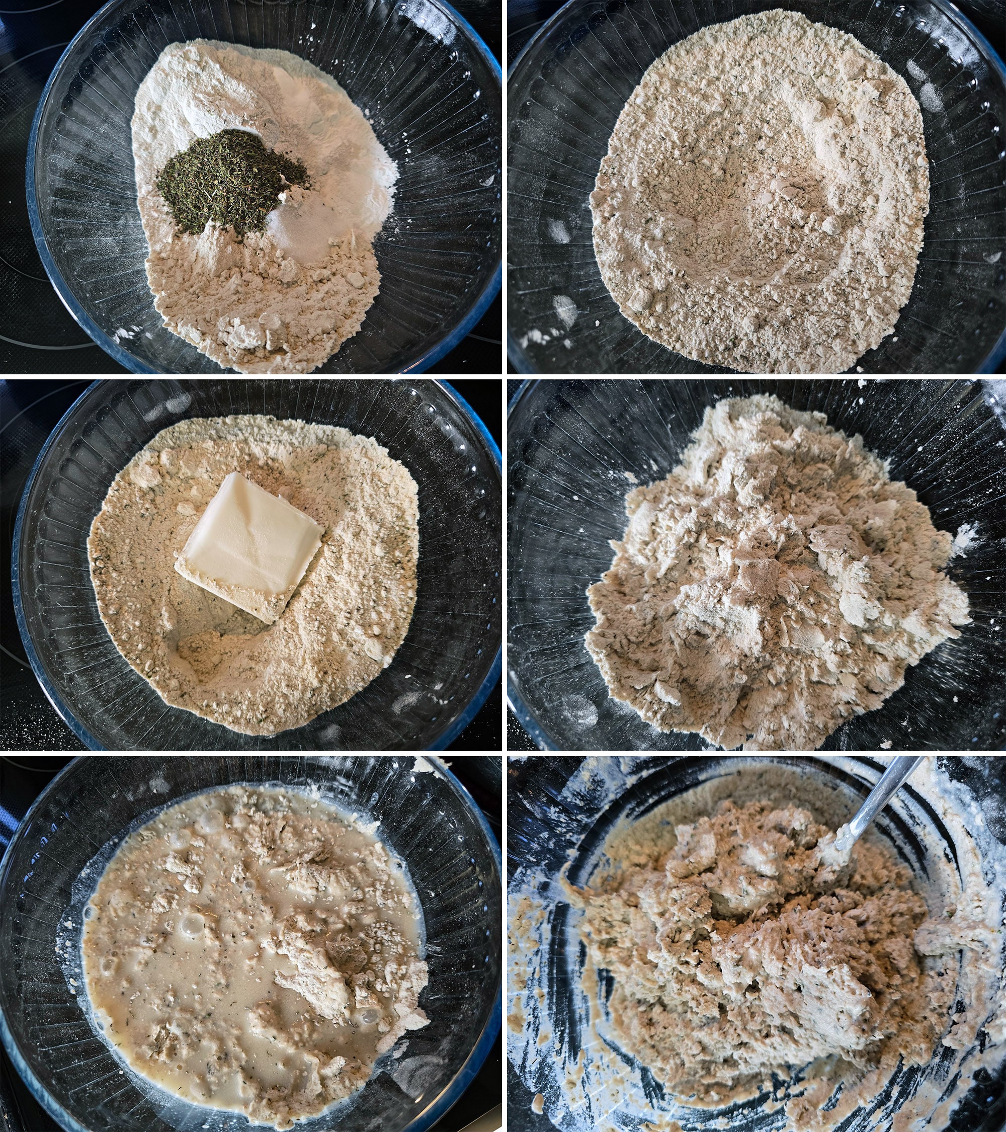 6 part image showing the dry ingredients mixed in a bowl, then the lard cut in and milk stirred in to form the gluten free dumpling dough.