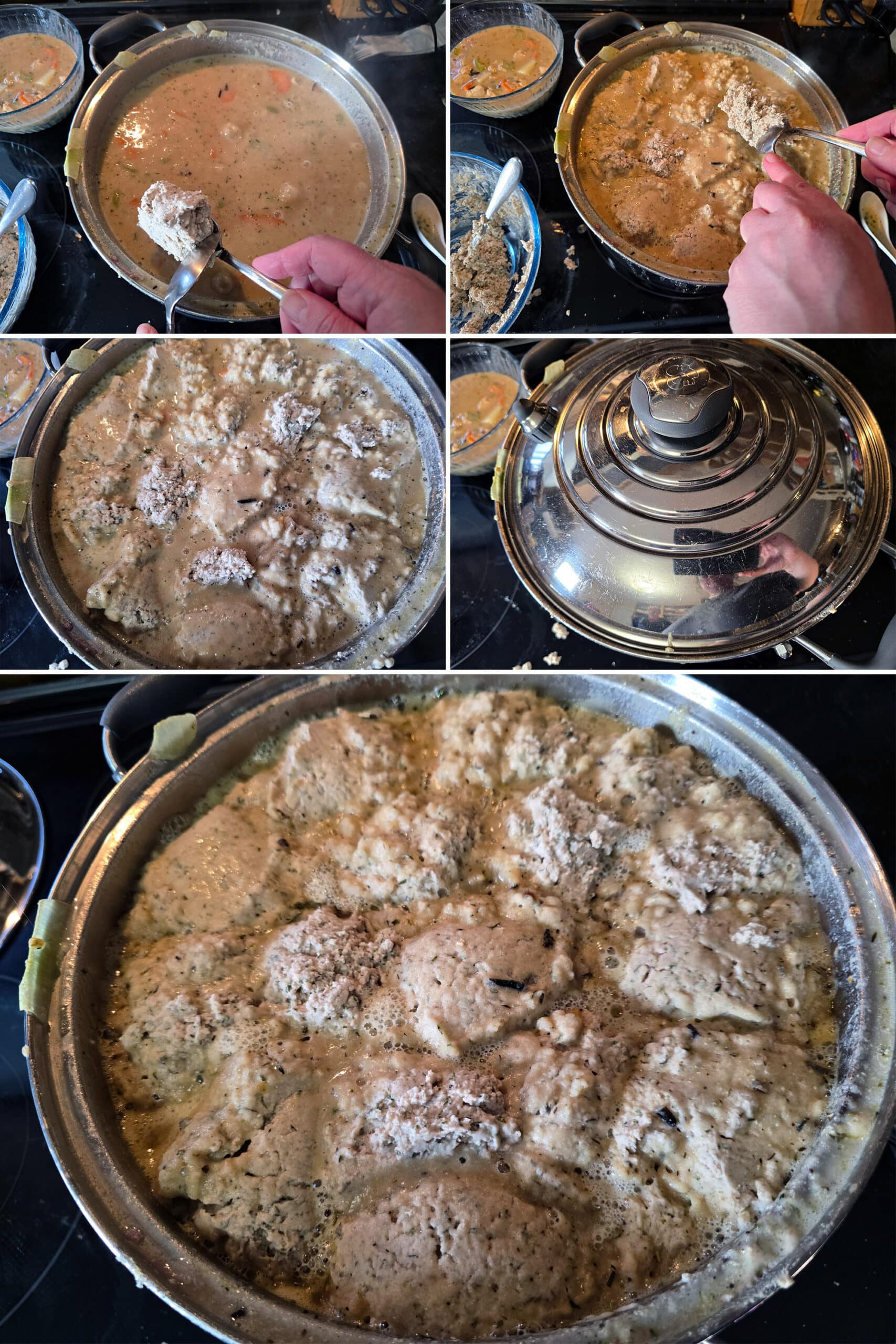 5 part image showing the dumpling mixture being spooned into the soup, covered with a lid, then then finished gluten free soup dumplings.