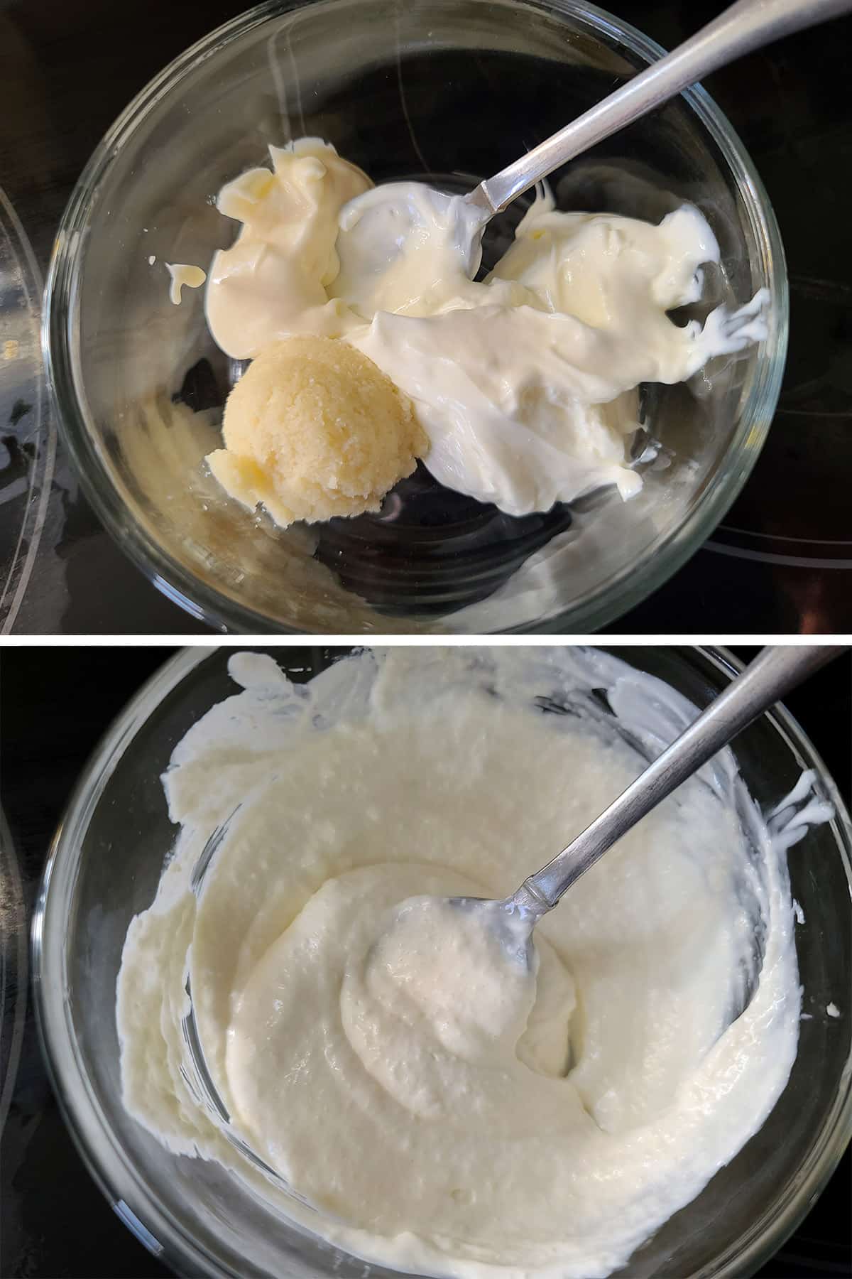 A 2 part image showing the horseradish sauce being mixed in a small bowl.