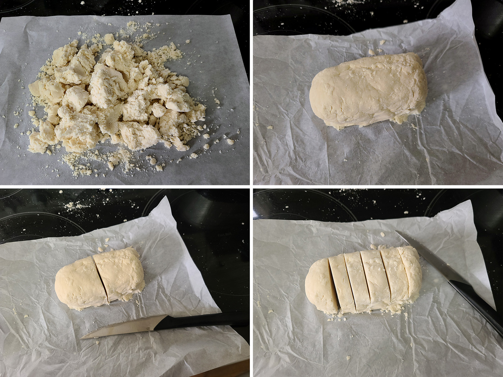A 4 part image showing the dough being balled up into a log, sliced in half, and then sliced into 6 pieces total.