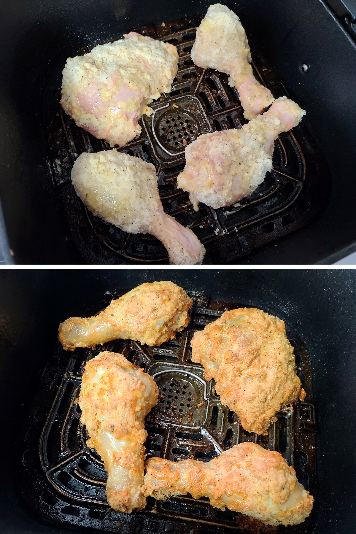 Gluten-free fried chicken being cooked in an air fryer.