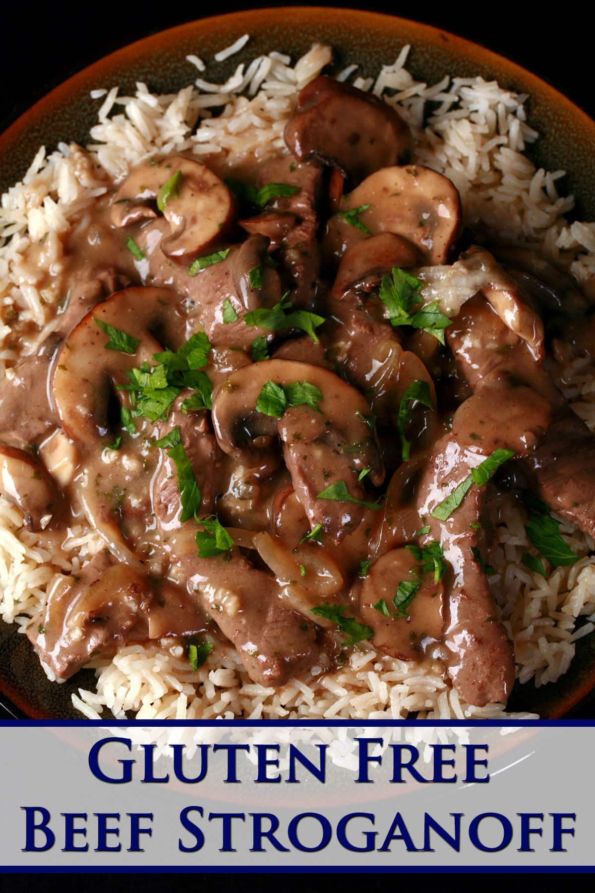 A serving of gluten free beef stroganoff over a bed of rice.