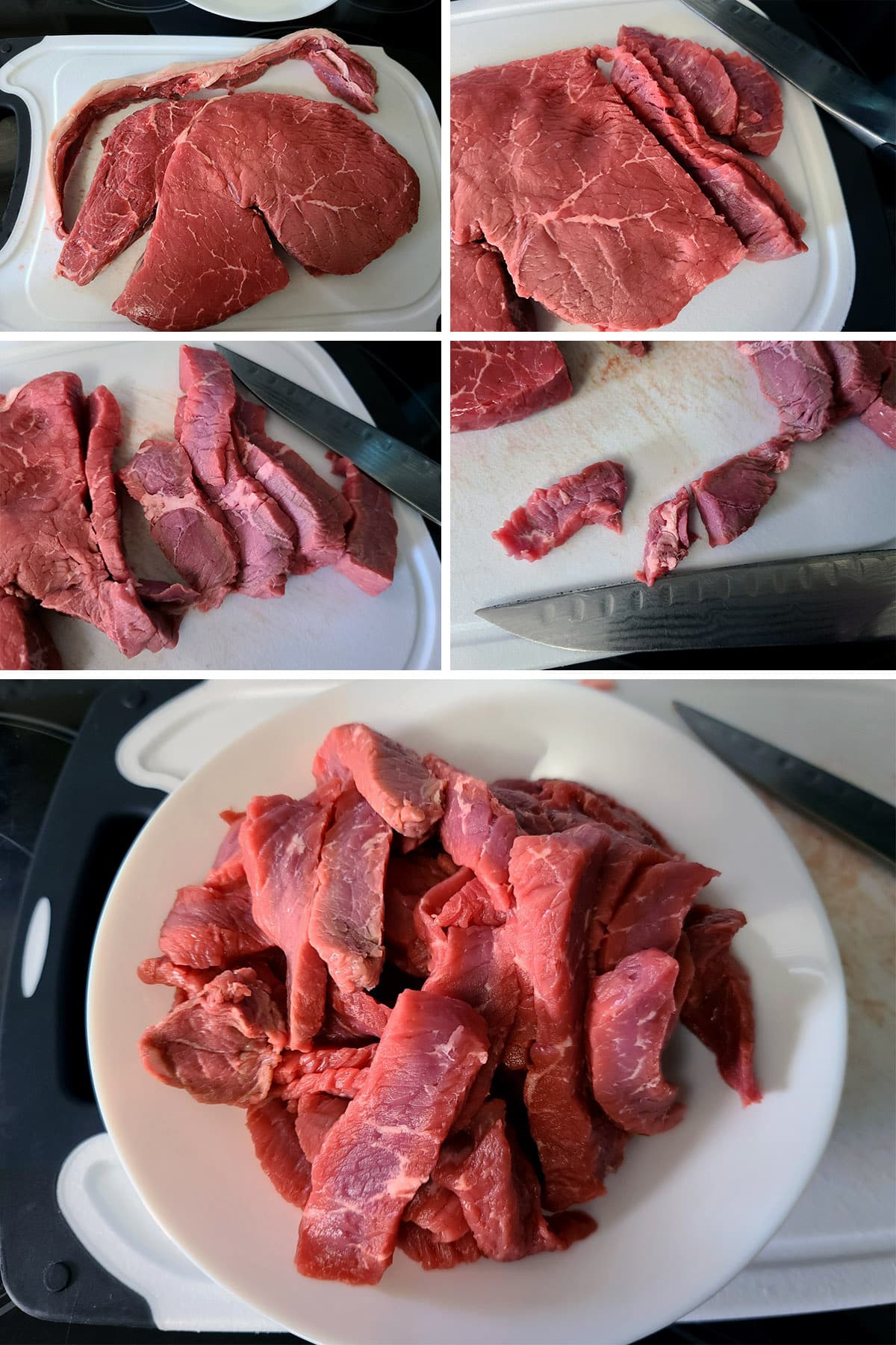 A 5 part image showing the beef sirloin being thinly sliced.