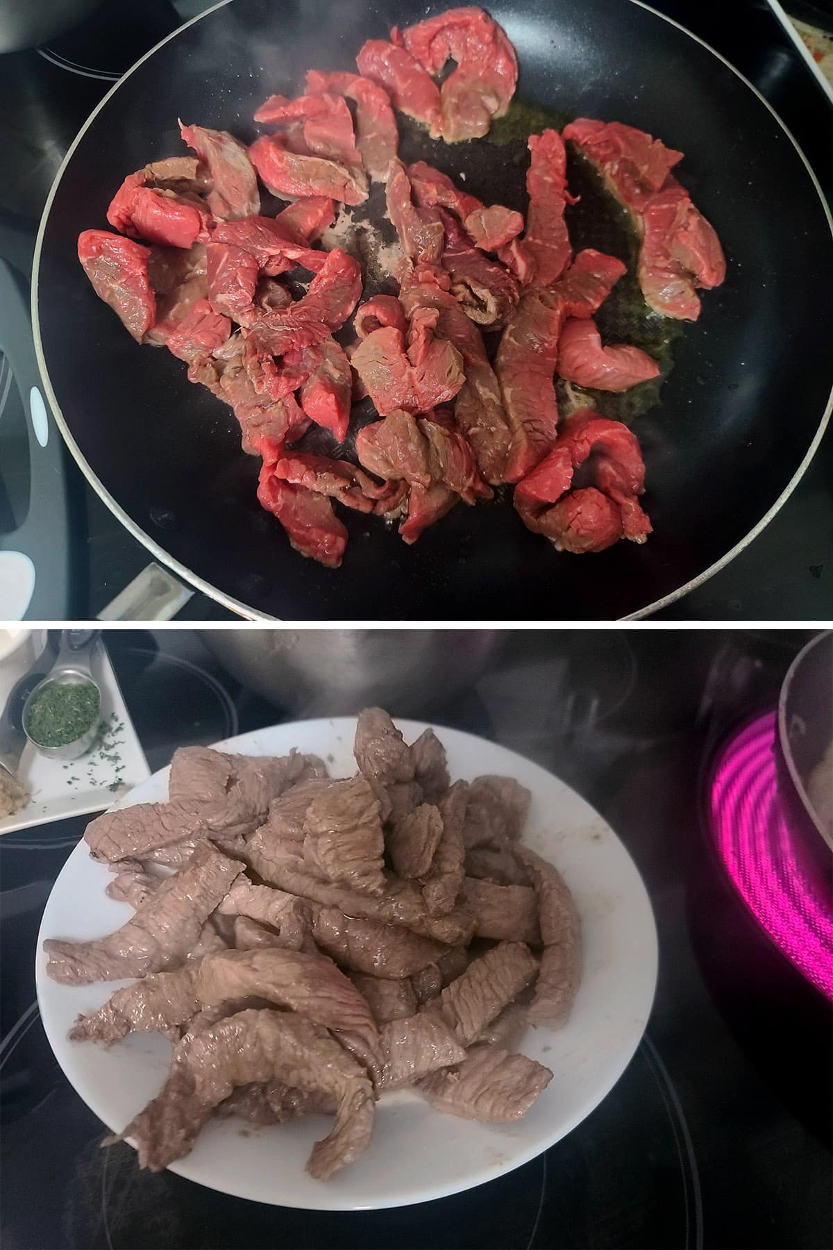 A 2 part image showing the sirloin being seared, then placed in a bowl.