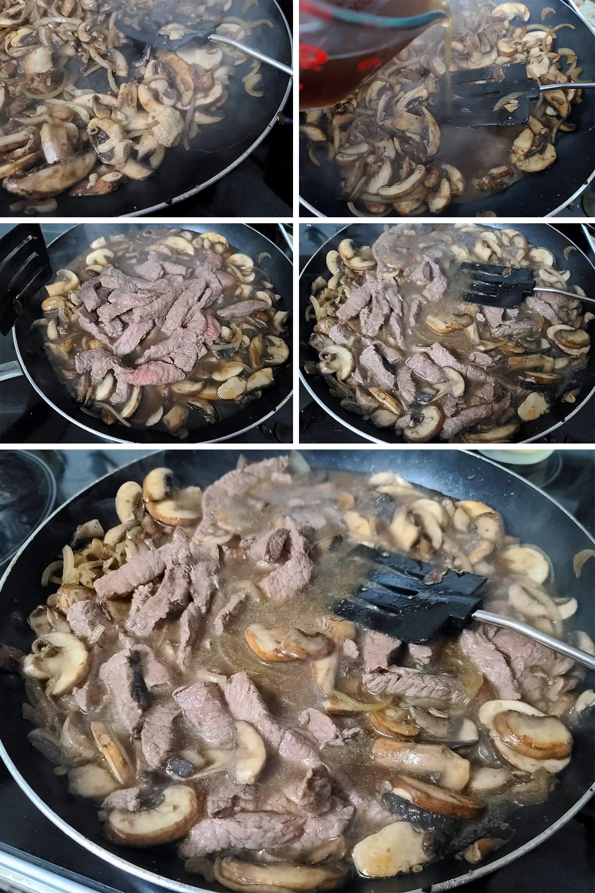 A 5 part image showing the Dijon mustard, broth, and beef being added to the pan.