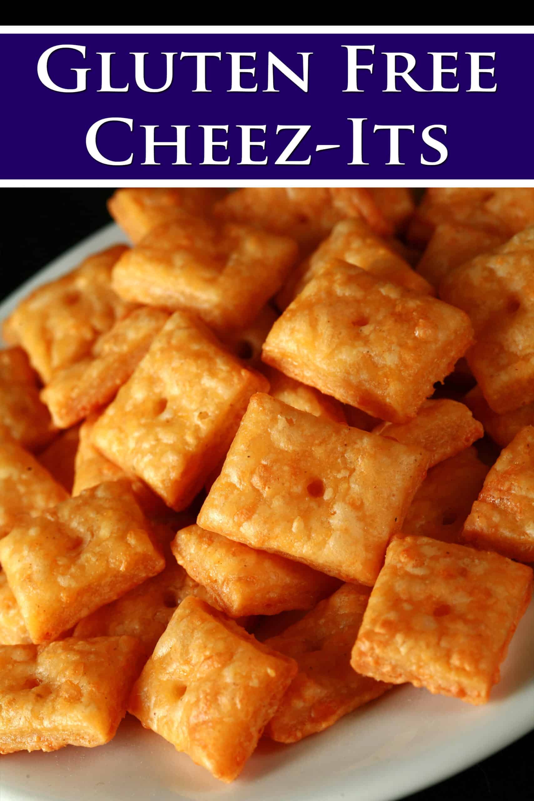 A plate of gluten free cheese its crackers.  Overlaid text says gluten-free cheez its.