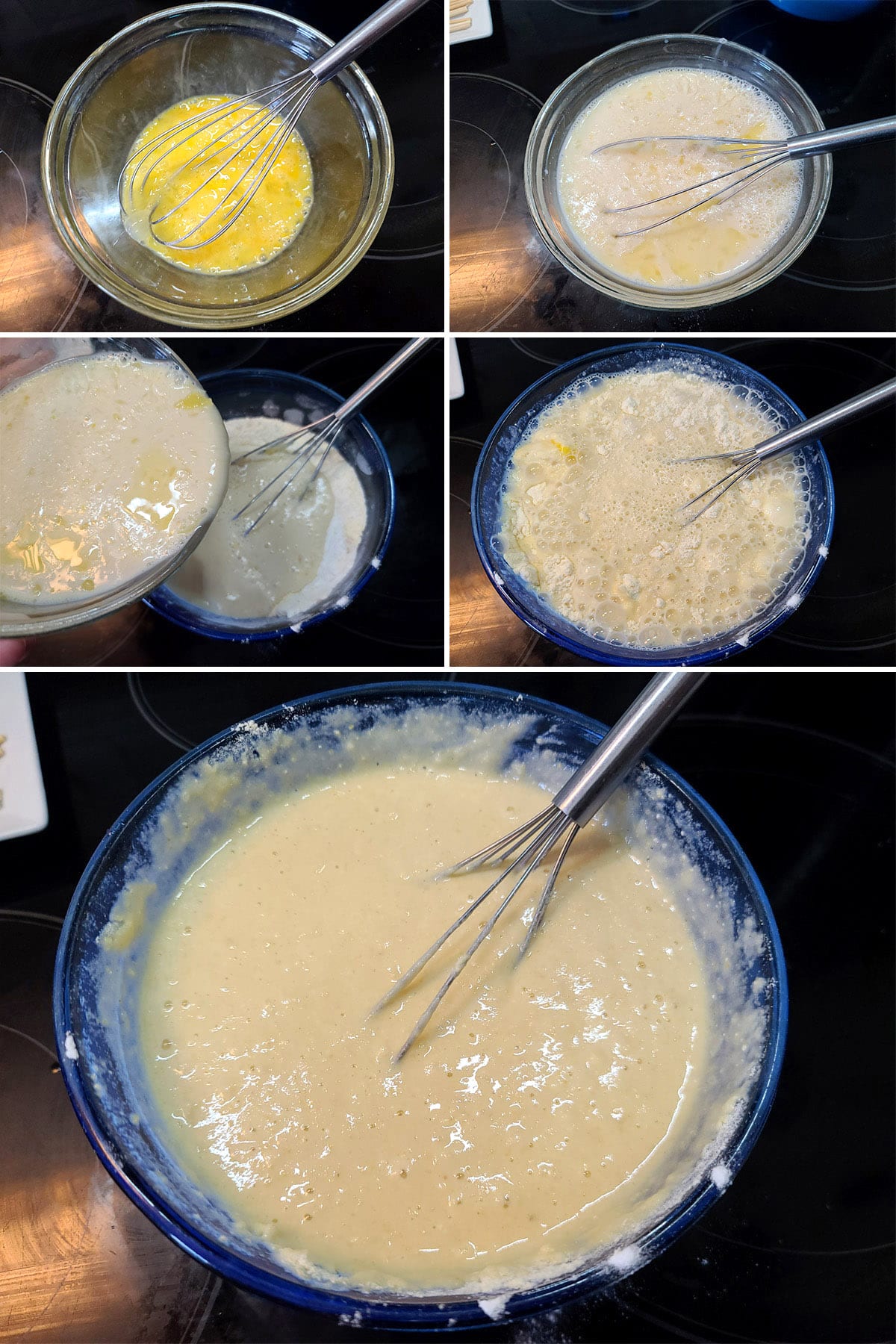 A 5 part image showing the wet ingredients being mixed together, then mixed into the dry ingredients.