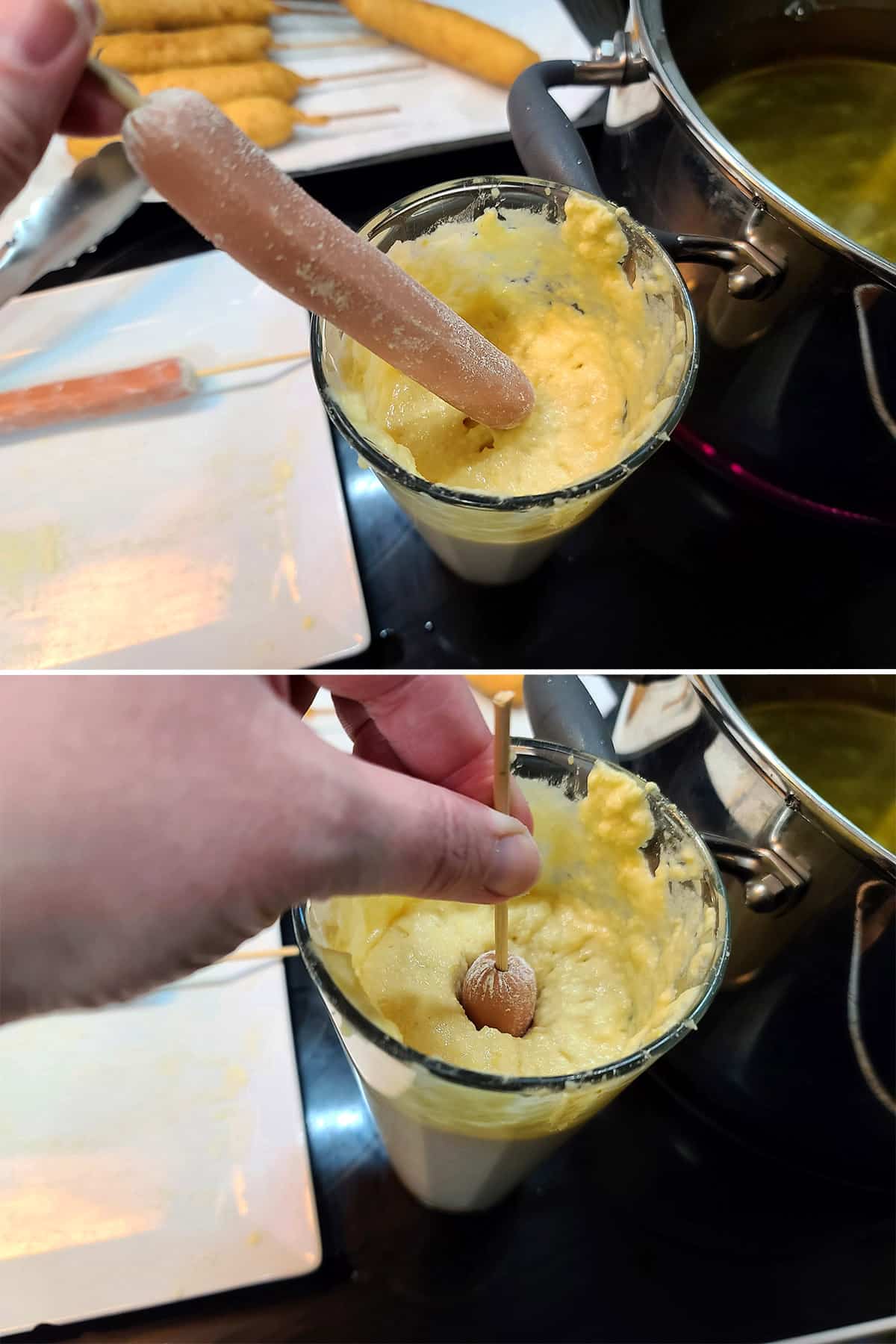 A 2 part image showing a prepared weiner being dipped in the glass of batter.