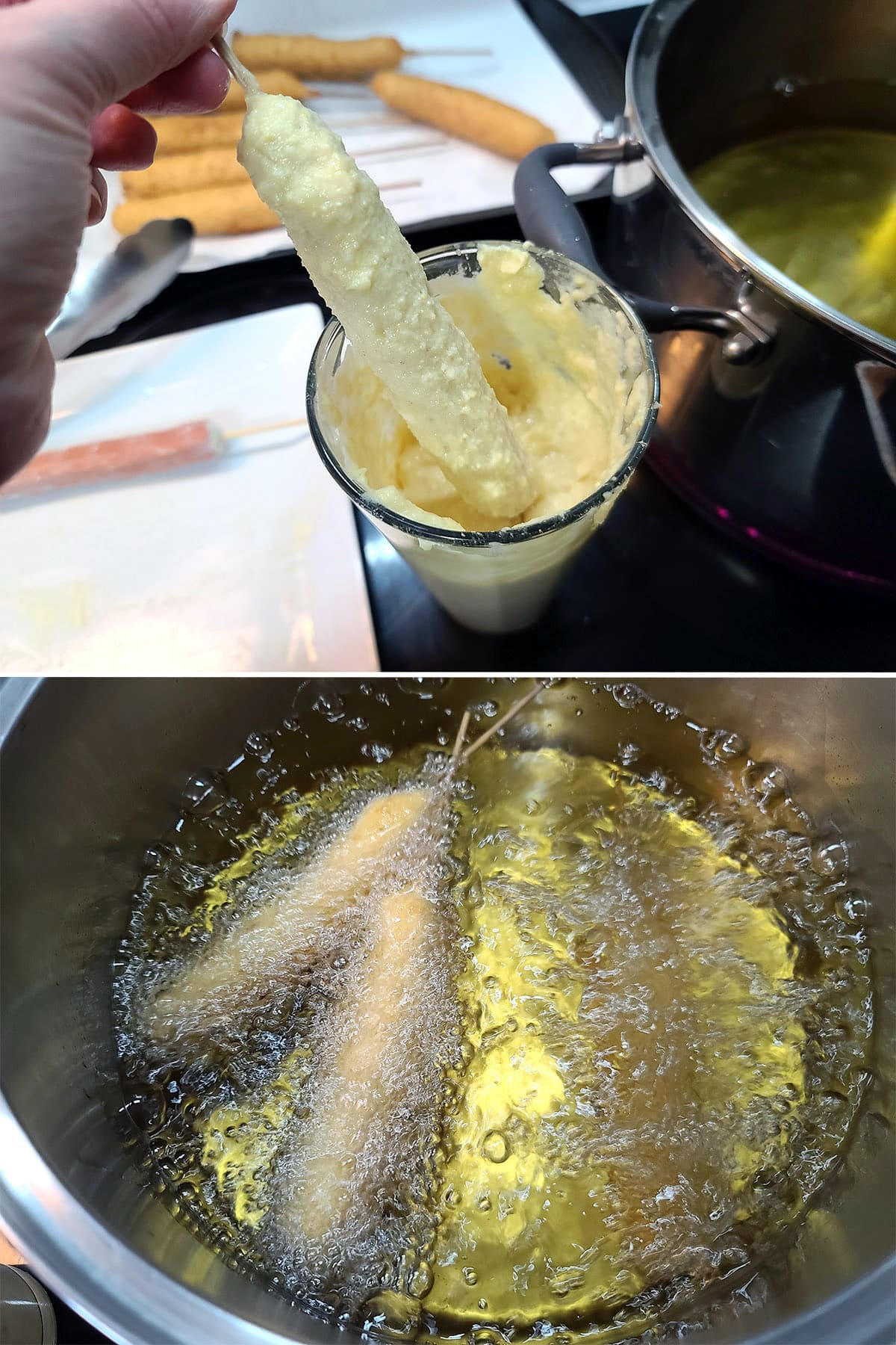 A 2 part image showing the prepared weiners being dipped in batter and then cooked in boiling oil