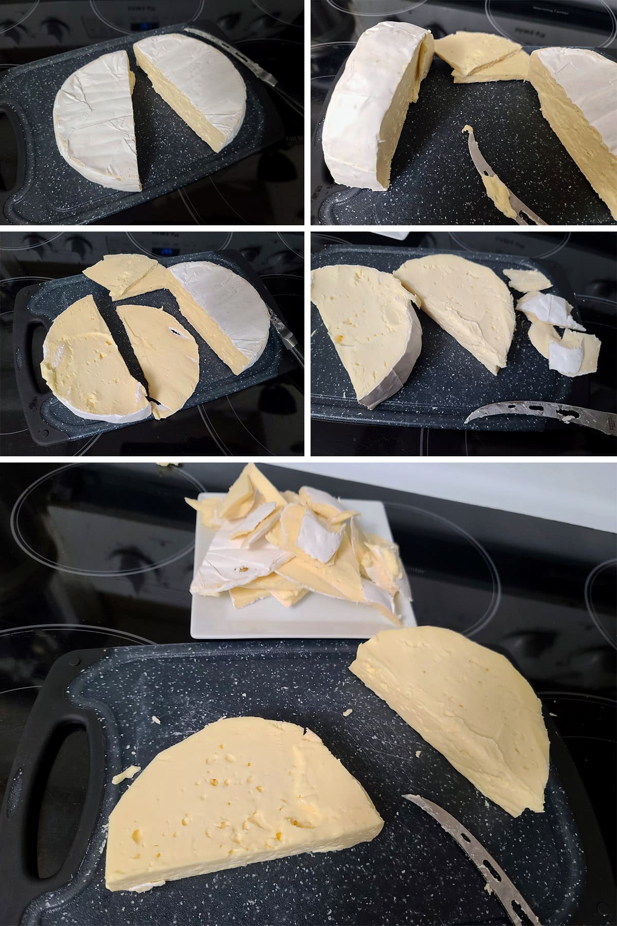 A 5 part image showing the rind being cut off a wheel of brie cheese.