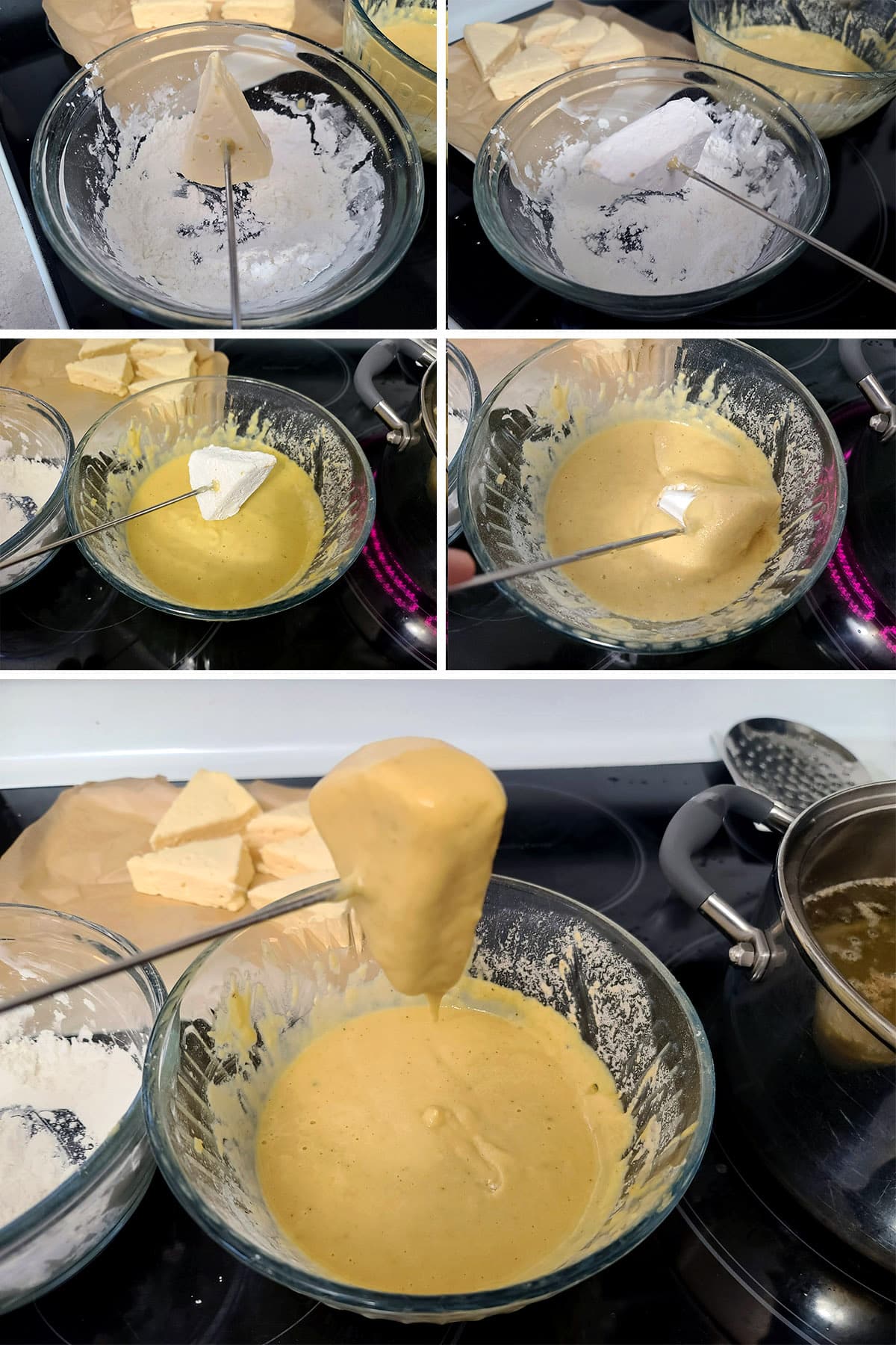A 5 part image showing a wedge of brie being dredged in corn starch, battered, and the batter allowed to drain off.