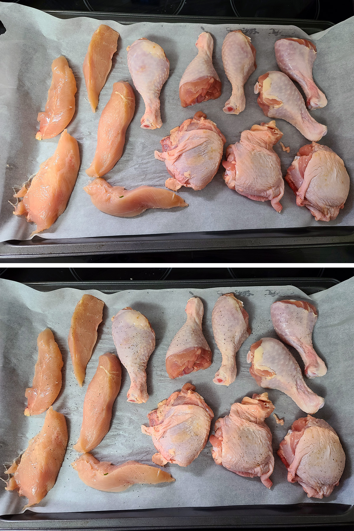 Chicken pieces resting on a parchment lined baking sheet.